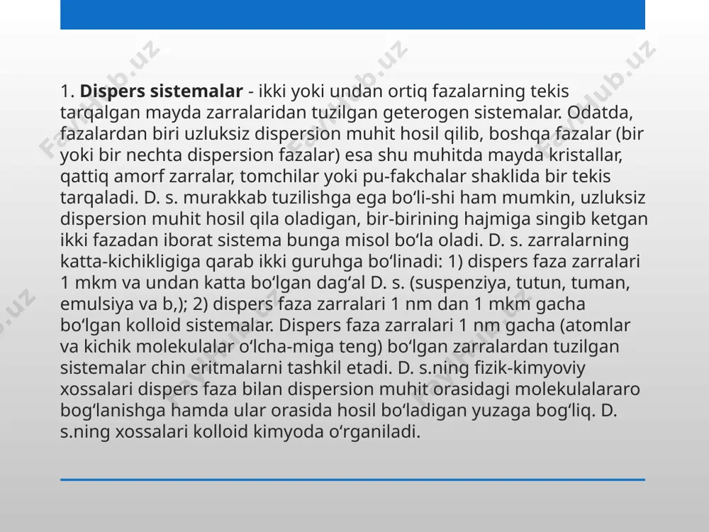 sh usuli. 2. elektrodializ - elektr maydoni ta`sirida elektrolit ionlari harakati ortishi hisobiga dializni tezlashtirish. 3. ultrafiltrlash - g`ovaklari juda mayda bo`lgan maxsus ultrafiltr yordamida dispers fazani dispers muhitdan ajratib, yuvib, yana kolloid holatiga o`tkazish. 1. broun harakati - dispers faza zarrachalarining erituvchining molekulalari ta`siridagi uzluksiz va betartib harakati 2. diffuziya - harorat ta`siri, hamda broun harakati tufayli eritmada kolloid zarrachalarning teng taqsimlanishi 3. osmotik bosim - kolloid eritma zarrachalari yirik va konsentratsiyasi kichik bo`lishiga qaramay, osmotik bosim kolloid eritmalarda ham kuzatiladi kolloid sistemalarning molekular-kinetik hossalari - turg`unligini ta`minlovchi omillar sifatida kolloid eritmalarning optik xossalari optik hossasi - nurni sindirishi (faradey-tindal konusi) zarrachalarning konsentratsiyasi va hajmi, dispers faza bilan dispers muhitning nur sindirish ko'rsatkichlari orasidagi farq qanchalik katta bo'lsa, shuningdek qanchalik nurning to'lqin uzunligi kichik bo'lsa, shunchalik tarqalgan nur ravshanligi katta bo'ladi. kolloid zarrachalar nurni tarqatish qobiliyatiga ega bo'lganligi sababli ko'pgina zollar tarqalgan yorug'lik ta’sirida havo rangiga (loyqalikka) kiradi. dispers …