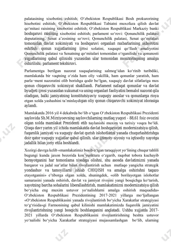 a kiradi. mamlakatimizda parlament islohotlarini yanada chuqurlashtirish natijasida ikki palatali parlament tashkil etildi, o‘zbekiston respublikasi qonun chiqaruvchi xokimiyati xuquqiy davlat talablariga javob beradigan darajada faoliyat yurita boshladi. eng muximi, garchand endi qonunchilik jarayoni ancha murakkablashgan bo‘lsada, qabul qilingan qonunlarnipg sifati ancha oshdi. qonunlarni qabul qilishda siyosiy partiyalarniig roli kuchaydi. qonun loyixalarini partiya fraktsiyalarida oldindan ko‘rib chiqish, qonunchilik palatasi yalni majlislarida xuquqiy xujjatlar loyixalarini muxokama qilishda bu fraktsiyalarning fikrlarini e’tiborga olish amaliyoti shakllandi. 2016 yil 11 apreldan boshlab kuchga kirgan o‘zbekiston respublikasining «parla¬ment nazorati to‘g‘risida»gi konunning 5 moddasiga binoan mamlakatda quyidagi parla¬ment nazorati shakllari o‘rnatildi: navbatdagi yil uchun o‘zbekiston respublikasining davlat byudjetini, davlat maqsadli jamg‘armalarining byudjetlarini hamda soliq va byudjet siyosatining asosiy yo‘nalishlarini qabul qilish, shuningdek, davlat byudjeti ijrosining borishini ko‘rib chiqish; o‘zbekiston respublikasi vazirlar maxkamasining mamlakat ijtimoiy- iqtisodiy xayotining eng muxim masalalari yuzasidan xar yilgi maruzasini ko‘rib chiqish; o‘zbekiston respublikasi bosh vazirining mamlakat ijtimoiy-iqtisodiy rivojlanishining ayrim dolzarb masalalari yuzasidan xisobotini …
