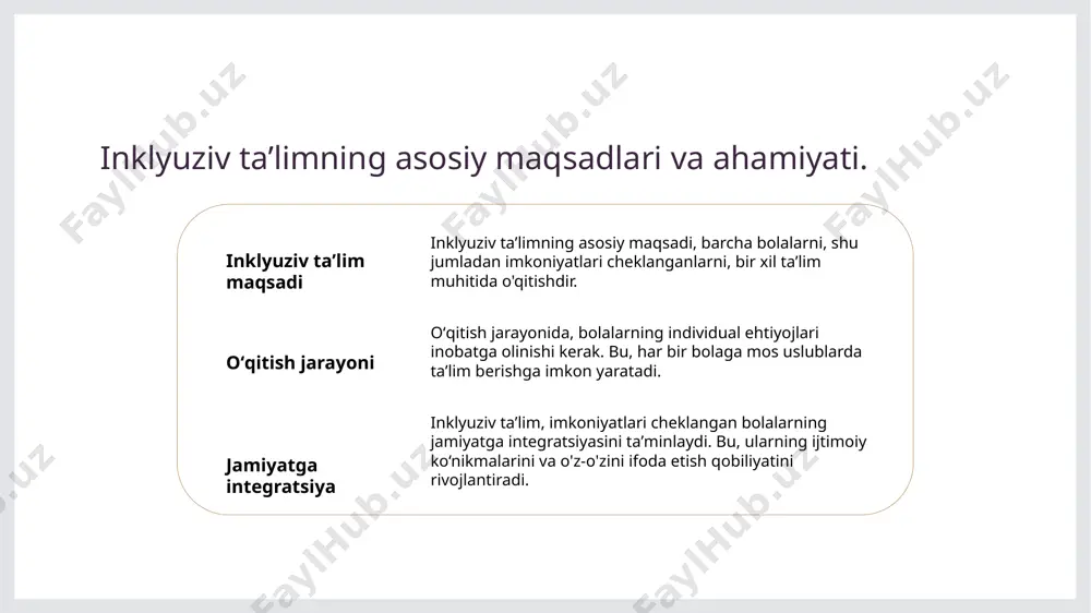 da jamiyatda imkoniyati cheklangan bolalarga nisbatan qarashlar o‘zgarishi zarur. ijtimoiy ongni oshirish, inklyuziv ta’limni rivojlantirishda asosiy omil hisoblanadi. inklyuziv taʼlimni rivojlantirish uchun zaruriy strategiyalar va resurslar. 1 taʼlim siyosati oʻzbekistonda inklyuziv taʼlimni rivojlantirish uchun taʼlim siyosatini takomillashtirish zarur. bu, eng avvalo, muvofiq qonunchilik va normativ hujjatlarni yaratishni talab qiladi. 2 oʻqituvchilarni tayyorlash oʻqituvchilarni inklyuziv taʼlimga mos ravishda tayyorlash, ularni maxsus ehtiyojlarga ega bolalar bilan ishlashga o'rgatish muhimdir. bu, taʼlim jarayonining sifatini oshiradi. 3 resurslar va materiallar inklyuziv taʼlim uchun zaruriy o‘quv materiallari va resurslarni yaratish, ularni kengaytirish muhimdir. bu, bolalar uchun taʼlim jarayonini yanada qulaylashtiradi. oʻzbekistonda inklyuziv taʼlimni amalga oshirishda hamkorlik va jamoatchilik roli. 1 hamkorlikning ahamiyati inklyuziv taʼlimni amalga oshirishda davlat, nodavlat tashkilotlari va taʼlim muassasalari o‘rtasidagi hamkorlik muhim rol o‘ynaydi. 2 jamoatchilik ishtiroki jamoatchilikning faol ishtiroki, ota-onalar va mahalliy jamoalar inklyuziv taʼlimni qo‘llab-quvvatlashda va uning samaradorligini oshirishda muhimdir. 3 resurslarni birlashtirish taʼlim resurslarini birlashtirish, jamiyatda mavjud imkoniyatlar va …