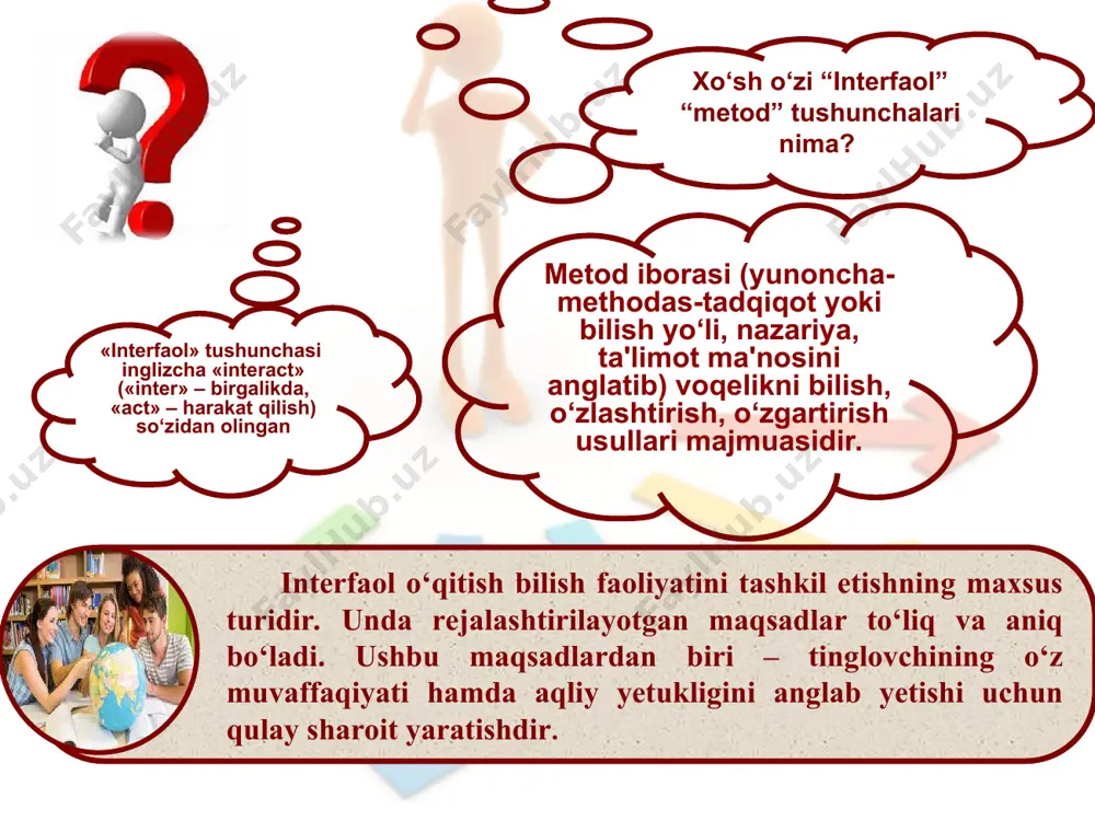 asturi asosida biron bo‘lim o‘rganib bo‘lingach qo‘llanilasa maqsadga muvofiqdir. o‘quvchilarni mustaqil fikrlash dars jarayonida egallagan bilimlari asosida vaziyatni baholashga shu bilan birga kommunikativ va milliy va umuminsoniy qadriyatlarga ega bo‘lish kompetensiyalar elementlarini shakllantiradi. fsmu men milliy qadriyatlarni qo‘llab quvvatlayman. fikr sabab misol umumlashtirish milliy qadriyatlar insonni o‘zligini anglatadi til – millat ko‘zgusidir. milliy qadriyatlar bizning tariximizdan shuning uchun ham miliy qadriyatlarni qo‘llab quvvatlayman “fikr-sabab-misol-umumlashtirish” masalan: milliy qadriyatlarning jamiyatga ta'siri haqida ma'lumot bering. fsmu men milliy qadriyatlarni qo‘llab quvvatlayman. fikr sabab misol umumlashtirish milliy qadriyatlar insonni o‘zligini anglatadi til – millat ko‘zgusidir. milliy qadriyatlar bizning tariximizdan shuning uchun ham miliy qadriyatlarni qo‘llab quvvatlayman “fikr-sabab-misol-umumlashtirish” masalan: milliy qadriyatlarning jamiyatga ta'siri haqida ma'lumot bering. o‘quvchilarni darslik, qo‘shimcha manbalarni o‘qishga, bilmaganlarini o‘rganishga harakat qilishlariga yordam beradi. o‘quvchilarni darsga faol qatnashishlarini ta'minlaydi bu metodni qo‘llashda o‘qituvchi avvaldan qaysi mavzu yoki savolni shu metod yordamida o‘rganishni aniqlashi zaruar o‘rganilgan mavzu bo‘yicha savollar va ularning javoblarini, darslikdagi …