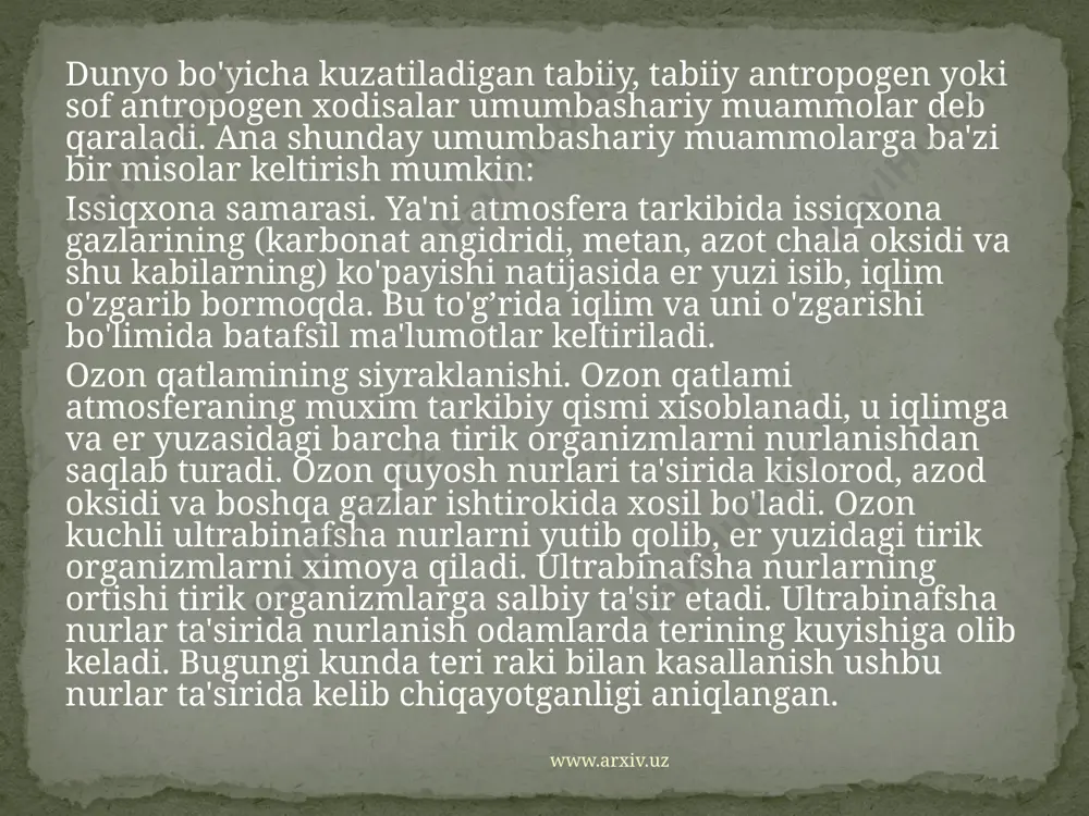 inson o'rtasidagi o'zaro aloqa munosabatlari xarakterini belgilab beradi. mintaqaviy ekologik muommolarga baxo berishning mezoni xavo va suvning ifloslanishi, belgilangan miqdordan oshib ketishi, tuproq eroziyasi, yaylovlarning ishdan chiqishi, o'rmonlarda daraxtlarni kesish va boshqalar xisoblanadi. markaziy osiyoda mintaqaviy ekologik muommolardan eng muximi orol va orol bo'yi ekologik muammosidir. bu soxadagi batafsil ma'lumotni orol dengizi muammosi qismidan olasiz. mintaqaviy ekologik muammolar www.arxiv.uz 1) yirik – xududiy-sanoat majmualari joylashgan rayonlarda (angren – olmaliq – chirchiq, farg’ona – marg’ilon, navoiy va xokazo) tabiatni muxofaza qilish muammolari; 2) agrosanoat majmuidagi ekologik mammolar; 3) tabiatdagi suvlarning sanoat chiqindilari, pestitsidlar va mineral o'g’itlar bilan ifloslanishi; 4) o'simlik va xayvonot dunyosini muxofaza qilish va qayta tiklash muammolari, qo'riqxonalar va milliy bog’lar tarmog’ini kengaytirish va xokazolar kiradi. bundan tashqari respublikada keskin bo'lib turgan ekologik va tabiatni muxofaza qilishga oid muammolarga: www.arxiv.uz www.arxiv.uz xalq xo'jaligining barcha tarmoqlari, ayniqsa, sanoatda va transportdan «chiqindi» deb nom olgan qo'shimcha maxsulot ajralib chiqadi. bu maxsulotlar …