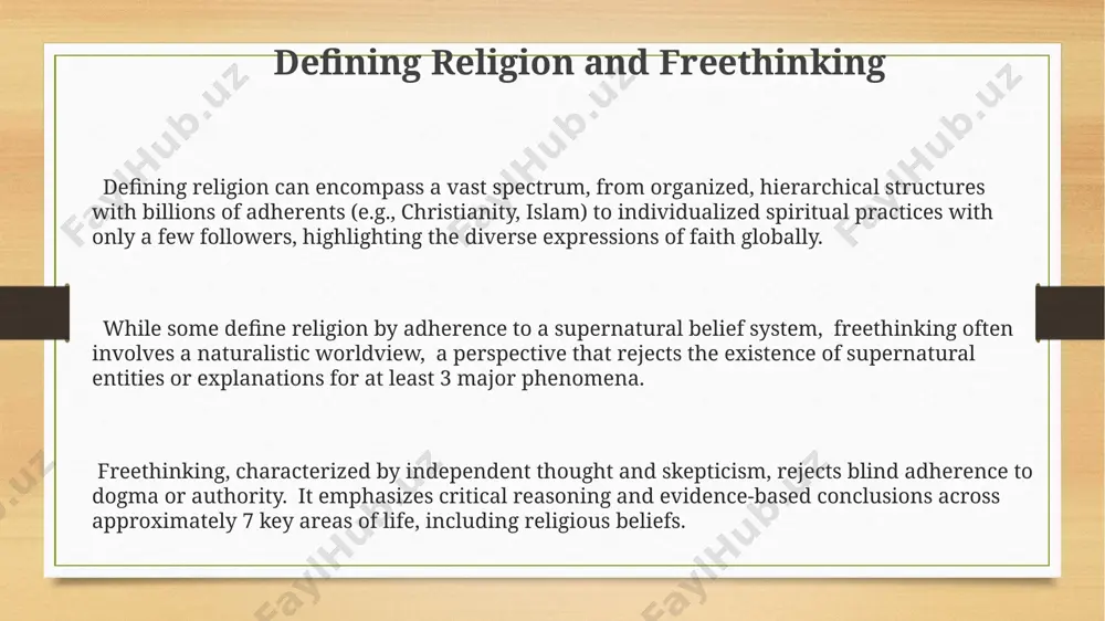 gious dogmas, leading to paradigm shifts impacting everything from political systems to individual liberties (over 10 major conflicts). the role of reason and evidence the application of bayesian reasoning demonstrates how prior beliefs significantly influence the interpretation of new evidence, potentially leading to polarized views in religious and freethinking communities regarding similar data sets. historically, the enlightenment (18th century) championed reason over religious dogma, leading to a significant rise in freethinking and a questioning of established theological frameworks based purely on faith. cognitive science studies show that approximately 60-70% of belief formation stems from social and emotional factors, highlighting the challenge of purely evidence-based religious or non-religious convictions. the impact of secularization secular states often see an increase in legal challenges concerning religious freedom, with over 50% of such cases in europe related to the accommodation of religious practices in public spheres, indicating evolving legal landscapes. the rise of secularism …