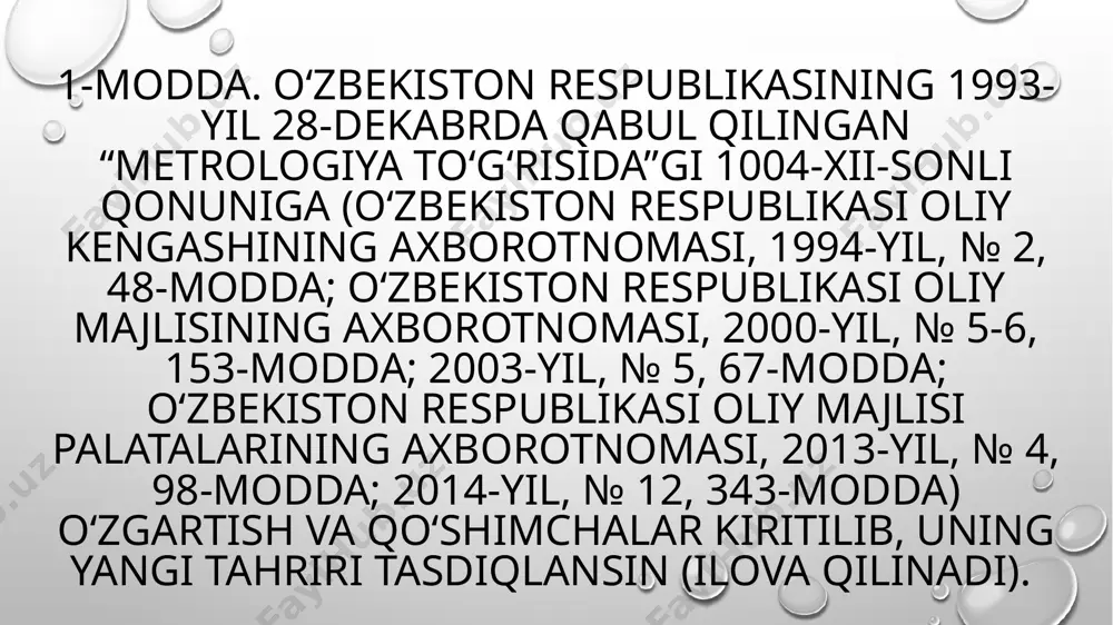 ositasi yordamida olingan kattalik qiymati va etalon bilan qayta tiklanadigan tegishli kattalik qiymati o‘rtasidagi nisbatni aniqlash orqali o‘lchash vositasining metrologik tavsiflarini aniqlash maqsadida bajariladigan operatsiyalar majmui; o‘lchash vositalarini qiyoslash — o‘lchash vositalarining belgilab qo‘yilgan metrologik talablarga muvofiqligini aniqlash va tasdiqlash maqsadida bajariladigan operatsiyalar majmui; o‘lchashlarning yagona birlikda bo‘lishi — o‘lchashlarning natijalari qonuniylashtirilgan birliklarda ifodalangan va o‘lchashlarning aniqlik ko‘rsatkichlari ma’lum ehtimollik bilan belgilangan chegaralarda joylashgan holati. 4-modda. metrologiyaga oid faoliyat sohasidagi asosiy vazifalar metrologiyaga oid faoliyat sohasidagi asosiy vazifalar quyidagilardan iborat: o‘zbekiston respublikasida o‘lchashlarning yagona birlikda bo‘lishini ta’minlash; ishonchsiz o‘lchash natijalarining oldini olish; xolis, ishonchli va solishtiriladigan o‘lchash natijalariga bo‘lgan ehtiyojlarni qondirish; o‘lchash natijalarining milliy va (yoki) xalqaro etalonlargacha metrologik kuzatiluvchanligini ta’minlash; o‘zbekiston respublikasi iqtisodiyotining rivojlanishiga va ilmiy-texnik taraqqiyotiga ko‘maklashish. e'tiboringiz uchun rahmat! image1.png image2.png image3.png