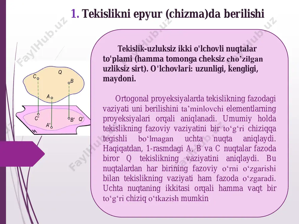 mumkin. umumiy vaziyatdagi tekisliklar. agar tekislik proyeksiyalar tekisliklarining birortasiga parallel yoki perpendikulyar bo‘lmasa, uni umumiy vaziyatdagi tekislik deyiladi (2-a rasm). chizmada umumiy vaziyatdagi tekislikning izlari proyeksiyalar o‘qlari bilan ixtiyoriy burchak hosil qiladi. agar biror p tekislik proyeksiyalar tekisliklari bilan bir xil burchak hosil qilsa, uning ph va pv izlari ox o‘qi bilan bir xil burchak hosil qiladi (2-b rasm). a) b) xususiy vaziyatdagi tekisliklar. agar tekislik proyeksiyalar tekisligining biriga perpendikulyar yoki parallel bo‘lsa, uni xususiy vaziyatdagi tekislik deb ataladi proyeksiyalar tekisligiga perpendikulyar tekisliklar proyeksiyalar tekisligiga perpendikulyar bo‘lgan tekisliklar proyeksiyalovchi tekisliklar deyiladi. ta’rif. gorizontal proyeksiyalar tekisligiga perpendikulyar tekislik gorizontal proyeksiyalovchi tekislik deyiladi. 5-rasm a) b) gorizontal proyeksiyalovchi m(mh, mv) tekislikning mv frontal izi ox o‘qiga perpendikulyar bo‘ladi (6- a,b rasm), mh gorizontal izi esa ox o‘qiga nisbatan ixtiyoriy burchakda joylashgan bo‘ladi. bu tekislik gorizontal izi mh va ox o‘q orasidagi  burchak, m va v tekisliklar orasidagi burchakning haqiqiy qiymatiga teng …