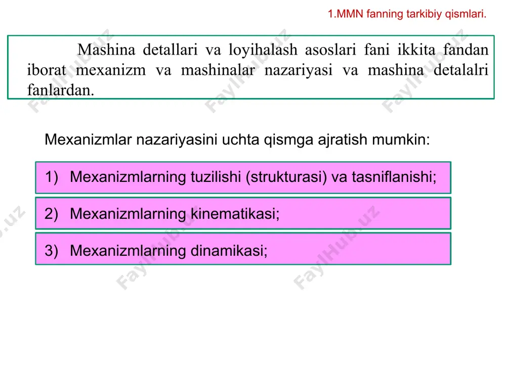 entlari –detal, zveno detal – bu mexanik qurilmaning yig’ish opertsiylarsiz ishlab chiqilgan tarkibiy qusmi. masalan: bolt, gayka, val, tishli g’ildirak, porshen va h.z. detal mashinaning eng oddiy (elementar) tarkibiy qismi. detallarning turlari, hisobi, shaklini tanlash, ishchi chizmasini tuzish kabi masalalar batafsil “mashina detallari” fanida o’rganiladi. mmn fanida mashinannig elementar tarkibiy qismi sifatida “zveno” degan tushunchadan foydalaniladi. zveno - bu bitta detal yoki bir nechta detalning mustahkam (bir butun) birikmasidir. 22 bu rasmda shatun detallari “a)”, shatun yig’ma ko’rinishi “b)” va kinematik sxemalrdagi shartli belgilanishi “c)” keltirilgan 3.mexanizmlarning elementlari –detal, zveno 23 krivoship shatun mexanizmi kinematik sxemasi: 1- krivoship; 2- shatun; 3- porshen (polzun); 4- tayanch, qo’zg’almas zveno. 1 2 3 4 4 mexanizmning konstruktiv chizmasi: 1- silindr; 2 – porshen; 3- shatun; 4-maxovik; 5,6-klapanlar; 7-krivoship 3.mexanizmlarning elementlari –detal, zveno 24 mexanizml zvenolarning turlari va ularninf shartli belgilanishi 3.mexanizmlarning elementlari –detal, zveno 25 zveno qanday murakkab shaklga ega bo’lishidan, tarkibidagi detallar …