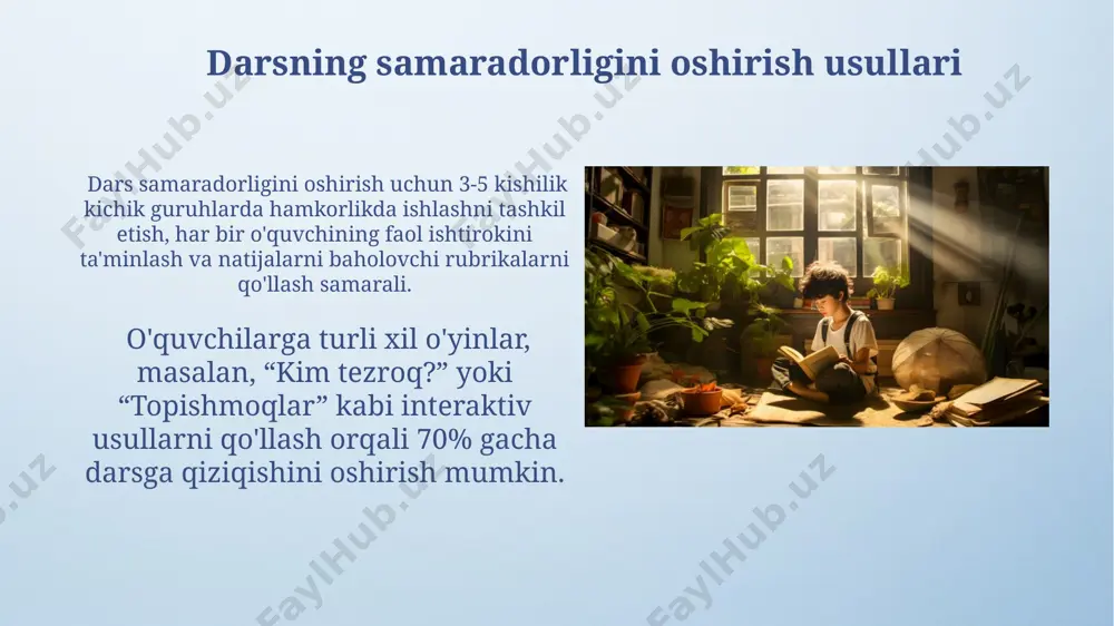 masalan, 3 ta qonun buzilishining 5 ta turli oqibatini ko'rsatish orqali, bolalar qonunlarning ahamiyatini 2 barobar samaraliroq tushunishadi. adolat, tenglik va inson huquqlari kabi 7 ta muhim huquqiy tushunchani, har biriga tegishli 2 ta badiiy asar misoli bilan izohlash, o'quvchilarning tushunishini oshiradi. adabiyot orqali fuqarolik bilim berish o‘quvchilarning faol ishtiroki uchun 2-3 kishilik guruhlarga bo‘lib, har bir guruhga turli janrdagi (hikoya, she’r, pyesa) 1 ta adabiy asar berish va ular asosida munozaralar tashkil etish samarali. adabiyot orqali 7-sinf o‘quvchilariga 3 ta asosiy fuqarolik qadriyatlari (masalan, adolat, mas’uliyat, hurmat)ni 5 ta turli badiiy asar orqali o‘rgatish mumkin. badiiy asarlar tahlili “badiiy asarlar tahlili”da 3 ta asosiy element – syujet, obrazlar va mavzu – asarni chuqur tushunish uchun muhim hisoblanadi, ularning o'zaro bog'liqligi asar mazmunini ochib beradi. matnni tahlil qilishda 2-3 paragrafni tanlab, undagi voqealar ketma-ketligini, qahramonlarning xarakterini va ularning o'zaro munosabatlarini tahlil qilish orqali asar mazmunini chuqurroq tushunish mumkin. muhokama va …