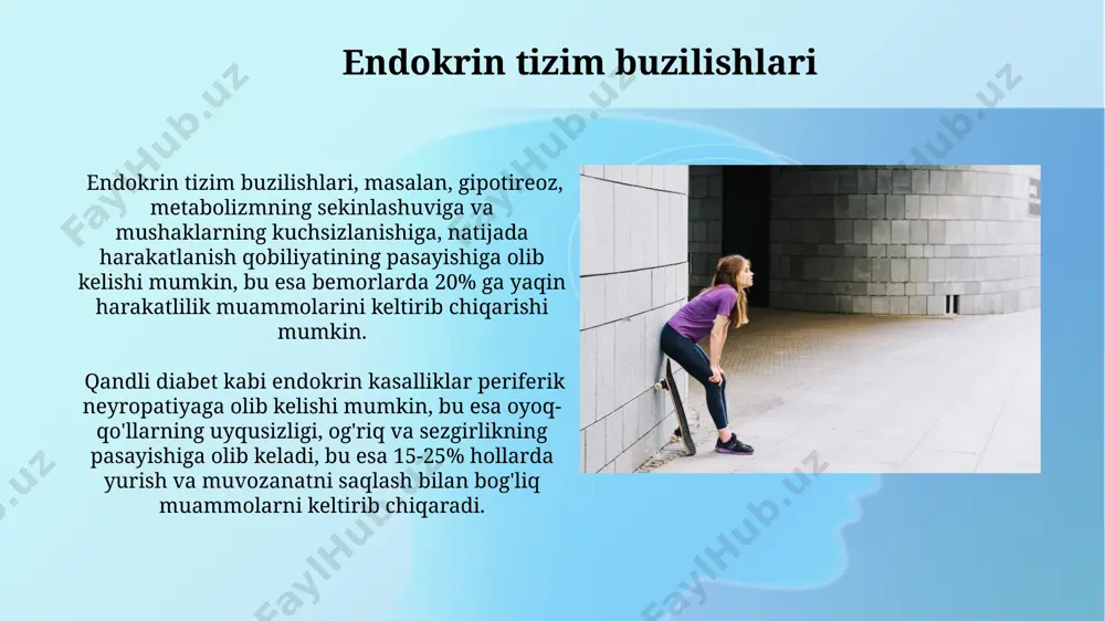 klanish sur'atini oshiradi. davolash jarayonida 30-40% bemorlar fizioterapiya va massaj kabi qo'shimcha reabilitatsiya usullarini talab qiladi, bu esa tiklanish muddatini qisqartiradi va funktsional qobiliyatni yaxshilaydi. semirish va ortiqcha vazn ortiqcha vazn jismoniy faoliyatni qiyinlashtiradi, chunki qo'shimcha kilogramm yuk bo'g'imlarga 3-4 barobar ko'proq yuk tushishiga olib keladi va harakatlanishni qiyinlashtiradi. semirish metabolik sindrom, 2-toifa diabet kabi kasalliklar xavfini oshiradi, ular esa asab tizimiga zarar yetkazib, periferik neyropatiya va harakatlanish muammolari keltirib chiqarishi mumkin. harakat bilan bogʻliq muammolar yosh kattalar orasida ortiqcha vazn yoki semirish 70% dan ortiq hollarda tizza va kestirib boʻgʻimlaridagi ogʻriqlar va harakatlanish chegaralanishiga olib keladi, bu esa hayot sifatini pasaytiradi. bolalarda serebral falaj kabi nevromuskulyar kasalliklar harakat faoliyatining 30% gacha pasayishiga, mushaklarning gipertonusi yoki gipotoniyasi kabi noxush holatlarga olib kelishi mumkin. yurak-qon tomir tizimi muammolari yurak-qon tomir kasalliklari, masalan, ateroskleroz, 50 yoshdan oshgan aholi orasida keng tarqalgan bo'lib, qon tomirlarining torayishi va yurak-qon tomir tizimining ishlamay qolishiga olib …