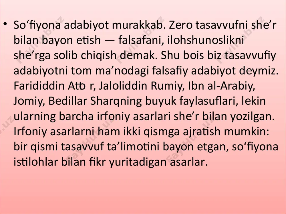 i koʻradi. 0‘zi, umuman, yuzga ilohiy goʻzallik (zuhurot) ramzi deb qaraladi. koʻz esa - ana shu goʻzallik jamlangan asosiy m’an- ba. chunki yuzning bor jozibasi - koʻzda mujassam. koʻzni sevish orqali ilohiy jamolni yaxshi koʻrish ifodalanadi. «soch» tasavvufiy timsol-atama sifatida she’riyatda mavjud dunyo ramzi hisoblanadi. albatta, mavjud dunyoni ham alloh yaratib, uni harakatga keltirgan, unga oʻz ilohiy nurini sochgan (tajalli etgan). biroq dunyo kasrat, ya’ni koʻplikni anglatadi. soch - yuzga nisbatan qora. shunga koʻra, tasavvufiy talqinda u iloh manbasiga nisbatan qorongʻi va bepoyon (chunki soch - uzun). sochning chin-u shikanlari (jingala-yu halqalari) solik ruhi ovora va band boʻladigan dunyo tashvishlarini anglatadi. inson ham - tajalliyot mahsuli, aniqrogʻi, uning oxiri. shuning uchun u hayoti mobaynida ana oʻsha asl manbaga qaytishga intilaveradi. . u ana shu chin-u shikanlami (bu dunyo tash­vishlarini) yengmasa, mutlaq ruh, ya’ni alloh jamolini (yuzini) koʻrish baxtiga musharraf boʻla olmaydi. «yol» istilohi tasavvufni, alloh ishqini bildiradi. allohga muhabbat yoʻli …