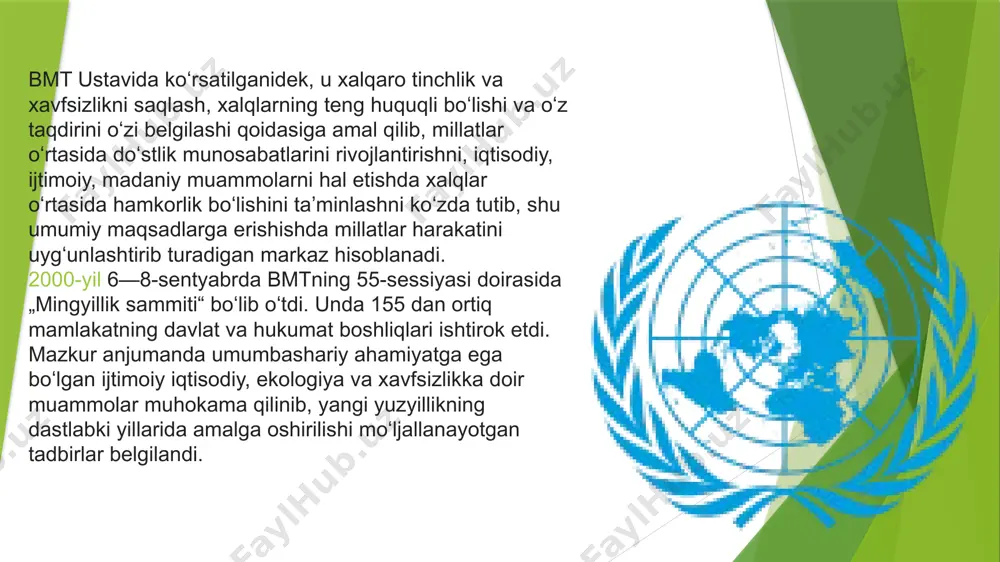 ton oʻz ovozi va mavqeiga ega boʻlgan aʼzo sifatida bmt oldiga muhim va dolzarb masalalarni qoʻyyapti. oʻzbekiston respublikasi prezidenti islom karimovning bmt bosh assambleyasi 48-sessiyasida (1993-yil sentyabr), bmt tashkil etilganining 50 yilligiga bagʻishlangan sessiyada (1995-yil oktyabr), bmt bosh assambleyasining „mingyillik sammiti“ (2000-yil sentyabr) da soʻzlagan nutqlari dunyo jamoatchiligida katta qiziqish uygʻotdi. xususan, ushbu xalqaro tashkilotning 20-asr soʻnggidagi eng yirik anjumanida oʻzbekiston rahbari xalqaro terrorizm va narkobiznes bilan bogʻliq muammolarni hal etish; mintaqaviy xavfsizlik, jumladan markaziy osiyo mintaqasida barqarorlik va xavfsizlikni taʼminlash; jahon xavfsizligi tizimini takomillashtirish, bmt faoliyati va tarkibiy tizimini isloh qilishga taalluqli takliflar bilan chiqdi. oʻzbekiston respublikasi bmtning teng huquqli aʼzosi sifatida bu eng nufuzli xalqaro tashkilotning maqsad va qoidalariga qatʼiy amal qilmoqda oʻzbekiston oʻz mustaqilligini eʼlon qilganidan keyin koʻp oʻtmay — 1992-yil 2-martda bmtga aʼzo boʻldi. shu kuni bmt bosh assambleyasi binosi oldida oʻzbekiston respublikasining davlat bayrogʻi koʻtarildi. 1993-yil 24-avgustda bmtning toshkentdagi vakolatxonasi ochildi. bmtda oʻzbekiston respublikasi vakolatxonasi …
