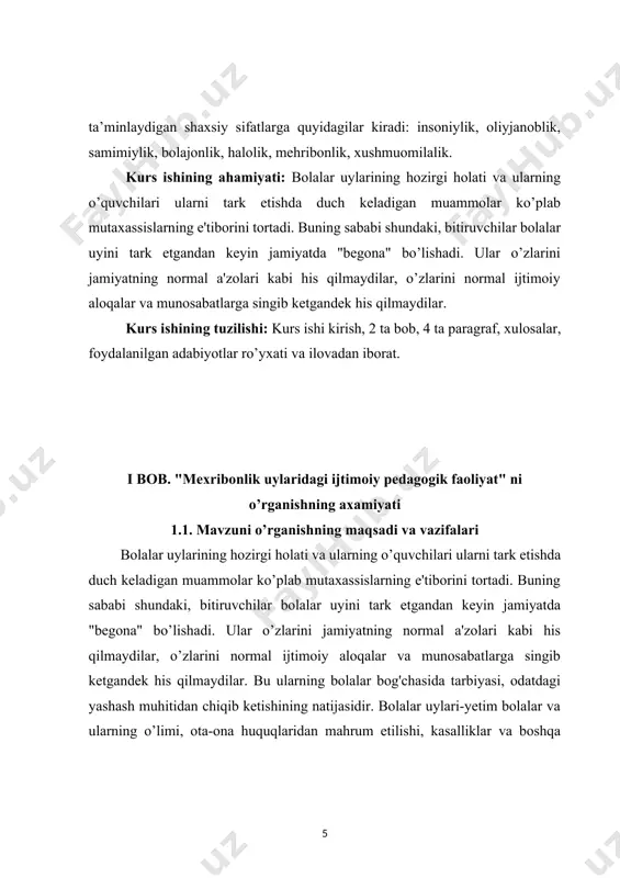 oiy rivojlanish holati, ijtimoiylashuvning individual xususiyatlari va uning hayotiy faoliyati amalga oshiriladigan va amalga oshiriladigan ijtimoiy muhit bilan munosabatlari nuqtai nazaridan ko’rib chiqiladi. yetim bolalarni oilaga joylashtirishning ustuvor shakllarini (vasiylik, homiylik, asrab olish, homiylik va homiylik ostidagi oilalar) rivojlantirishga qaratilgan sa'yharakatlarga qaramay, yetim bolalar va ota-ona qaramog'isiz qolgan bolalar uchun ta'lim muassasalarida o’quvchilar sonining doimiy o’sishi kuzatilmoqda. o’zbekistonning turli mintaqalarida olimlar tomonidan olib borilgan amaliy va ilmiy kurs ishilar shuni ko’rsatadiki, mehribonlik uylarining ko’plab bitiruvchilari o’zlarining hayot yo’llarini tanlashga etarlicha tayyor emaslar, mustaqil hayotga moslasha olmasliklari va ijtimoiy faolligi pastligi bilan ajralib turadilar. ularning hayoti davomida to’liq davlat tomonidan qo’llab-quvvatlanadigan iste'molchilarning munosabati, ijtimoiy-madaniy me'yorlar va qoidalarga muvofiq hayot qura olmaslik, odamlar o’rtasidagi ko’plab ijtimoiy munosabatlarni tushunmaslik salbiy oqibatlarga olib keladi. bolalar uyining bitiruvchilari jamiyatga qo’shilish muammosiga duch kelishmoqda. bugungi kunda ular moslashishga majbur bo’lgan yangi ijtimoiy muhitning tubdan o’zgarishi faktiga duch kelishmoqda. mehribonlik uylari bitiruvchilari kasbiy o’zini o’zi belgilashda, nikohda, …