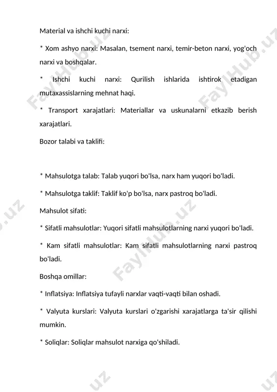 iya narxlari: betonni tayyorlash uchun ishlatiladigan energiya narxining oshishi betonning narxiga ta'sir qiladi. * transport xarajatlari: betonni tashish masofasi va usuli narxga ta'sir qiladi. * mehnat xarajatlari: beton quyish va yotqizish uchun kerak bo'ladigan mehnat xarajatlari ham narxga ta'sir qiladi. beton narxi – 380000 so’mdan 550000 so’mgacha. oynalarning tan narxi ko'plab omillarga bog'liq bo'lib, turli xil variantlar mavjud: 1. oyna turi: * oddiy oyna: eng oddiy oyna turi bo'lib, u arzonroq bo'ladi. * reflektorli oyna: quyosh nurini aks ettiruvchi qoplamasi mavjud bo'lib, issiqlikni kamaytiradi, ammo narxi yuqoriroq. * enerji tejaydigan oyna: issiqlikni yaxshiroq saqlab qoladigan va energiya tejashga yordam beradigan maxsus qoplamalarga ega. * tonal oyna: quyosh nurini qisman o'tkazmaydi, xonani yorug'likdan himoya qiladi. * triplex oyna: qatlamlar orasida himoya plyonka bo'lgan xavfsizlik oynasi. * laminat oyna: bir nechta oyna qatlamlaridan iborat bo'lib, shovqinni yutishga yordam beradi. * zavod oynasi: eshik yoki deraza ramkasiga o'rnatilgan holda ishlab chiqarilgan oyna. * …