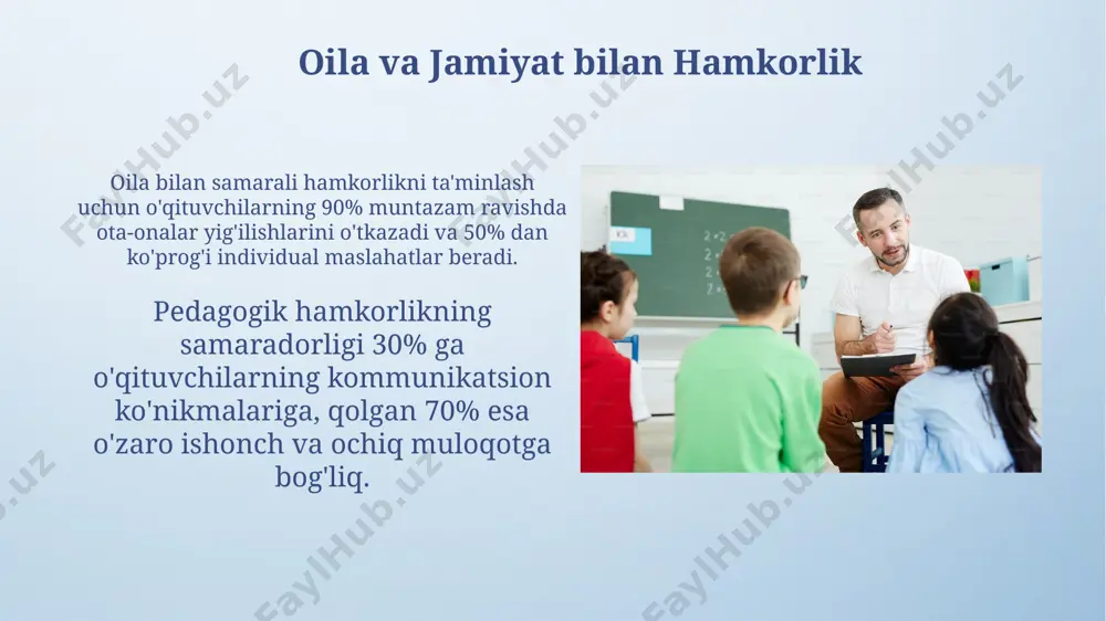 g'i kreativ fikrlash va innovatsion yondashuvlarni kam qo'llaydi, bu esa o'quv jarayonining samaradorligiga salbiy ta'sir ko'rsatishi mumkin. o'quvchilar bilan ishlay olish muvaffaqiyatli o'qituvchilarning 90% i o'quvchilar bilan ishlashda kommunikativ kompetensiyani yuqori darajada namoyon qiladi, bu esa o'quv jarayonini 20% ga tezlashtiradi. o'qituvchilarning 70% dan ortig'i o'quvchilar bilan individual yondashuvni qo'llash orqali, ularning o'rganish uslublarini aniqlash va moslashtirish orqali samaradorlikni oshiradi. e'tiboringiz uchun rahmat @taqdimot_robot image4.png image5.jpg image6.jpg image7.jpg image8.jpg image9.jpg image10.jpg image11.jpg image12.jpg image13.jpg image14.jpg image15.jpg image3.jpeg