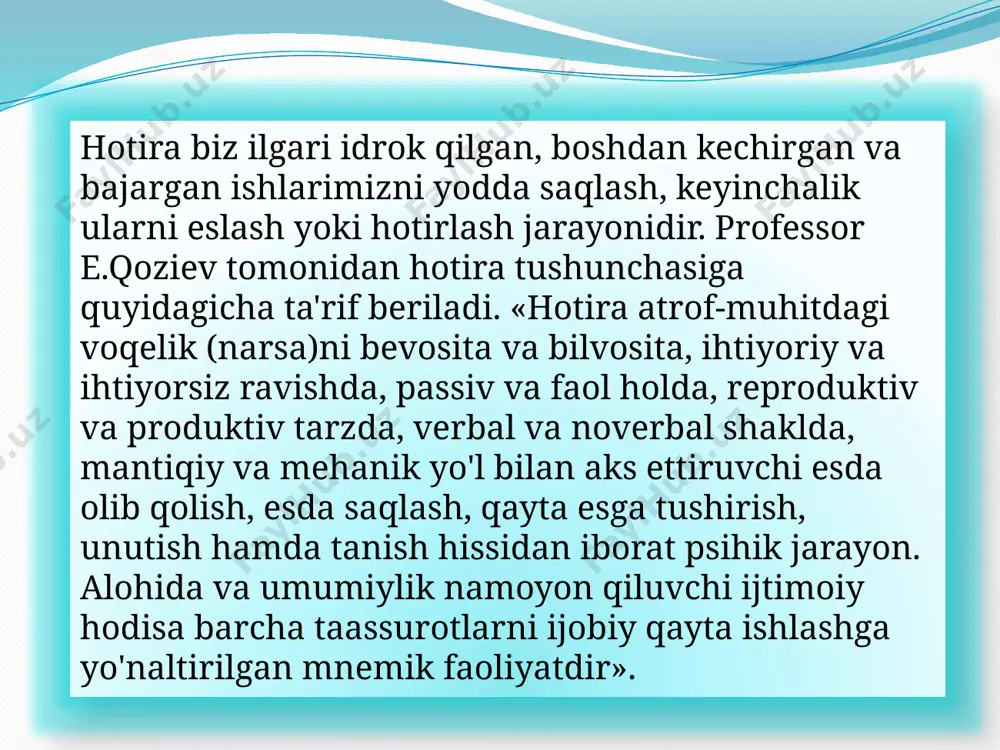 bog’lanishlarni psihologlar assotsiatsiyalar deb ataydilar». o’tkazilgan tekshirishlarga ko’ra, biror narsa esda olib qolinganda, asosan nerv hujayralarining (neyronlarning) dendrit shoxlari tarkibida o’zgarish yuzaga keladi. ular qandaydir boshqacharoq tuzilishga kirib oladilar. dendritlar tuzilishidagi hosil bo’lgan o’zgarish darrov o’tib ketadigan bo’lmay, ancha mustahkam bo’ladi. shu sababli esda olib qolgan narsa uzoq vaqt xotirada saqlanib turadi.[2] [2] psychology david g. myers hope college holland, michigan 134r 5 inson hotirasidagi assotsiatsiyalar 3 turga ajratiladi: yondoshlik assotsiatsiyasi- bir necha narsa yoki hodisalarni ayni bir vaqtda yoki ketma-ket idrok qilishdan hosil bo'ladi o'hshashlik assotsiatsiyasi- hozirgi paytda idrok qilinayotgan narsa bilan ilgari idrok qilingan narsa o'rtasida ma'lum o'hshashlikka aytiladi qarama-qarshilik assotsiatsiyasi- hozirgi idrok qilinayotgan narsalar bilan ilgari idrok qilinayotgan narsalar o`rtasida qarama-qarshi belgilar va hususiyatlar bo’ganga aytiladi a.v.petrovskiy tahriri ostida chiqqan «umumiy psihologiya» darsligida quyidagicha klassifikatsiya uchraydi: faoliyatda ko'proq sezilib turadigan psihik faollikning hususiyatiga qarab: harakat, emotsional, obrazli va so`z mantiq hotira. faoliyatning maqsadlariga ko'ra: ihtiyorsiz va ihtiyoriy …