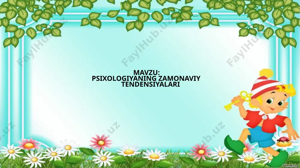 ixologiya hech qanday shubhasiz positive fanlar guruhiga kirib ketadi. psixologiyaning vazifalari asosan, quyidagilardan iborat: - psixik hodisalarning mohiyatini va ularning qonuniyatlarini anglashni o‘rganish; - ularni boshqarishni o‘rganish; - olingan bilimlardan shakllangan fanlar va sohalar bilan bir qatorda turgan amaliyotning boshqa sohalari samaradorligini oshirish maqsadida foydalanish; - amaliy xizmatning nazariy asosi bo‘lib xizmat qilish. ko‘rsatilgan umumiy vazifalardan tashqari hozirda psixologiya quyidagi xususiy vazifalar bilan ham shug‘ullanmoqda: psixikaning paydo bo‘lishi va rivojlanishi; psixik faoliyatning neyrofiziologik asoslari; tashqining ichkiga o‘tish qonuniyatlari; inson psixikasining ijtimoiy-tarixiy omillarga bog‘liqligi; olam psixik obrazlarining shakllanishi va va ularni tashqi, amaliy faoliyatga tadbiq etish qonuniyatlari; inson psixikasining boshqariluvida biologik va ijtimoiy omillarning birligi; inson psixikasi tuzilishi; bilish,irodaviy va hissiy jarayonlarning aks ta’sir-boshqariluvchi mohiyati, insonning ijtimoiy muhitdagi individual-psixologik hulq-atvori; inson faoliyatining ma’lum turlari psixologiyasi. image1.jpeg image2.jpeg image3.jpeg image4.jpeg image5.jpeg
