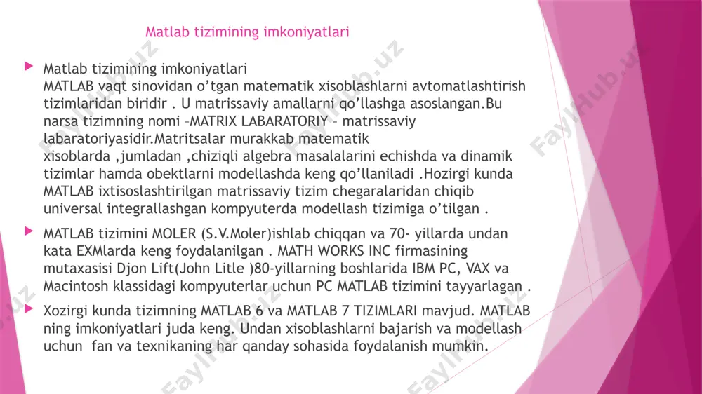 mathworks . matlab ruxsat beradi matritsa manipulyatsiya va ma’lumotlar , amalga oshirish algoritmlar , yaratish foydalanuvchi interfeyslari va boshqa o’zaro aloqada bo’lish . matlab asosan raqamli hisoblash uchun mo’ljallangan bo’lsada , ixtiyoriy asboblar qutisi mupad ramziy vosita kirishga ruxsat berish ramziy hisoblash qobiliyatidir . qo’shimcha to’plam , simulink , grafik ko’p domendli simulyatsiya qo’shadi va modelga asoslangan dizayn uchun dinamik va o’rnatilgan tizm . matlab 2020– yilga kelib dunyo bo’ylab 4 milliondan ortiq foydalanuvchiga ega. foydalanilgan adabiyotlar matlab http:/library .ziyonet .uz http://www. researchgate .net kutubxona image1.jpeg image2.jpg /docprops/thumbnail.jpeg