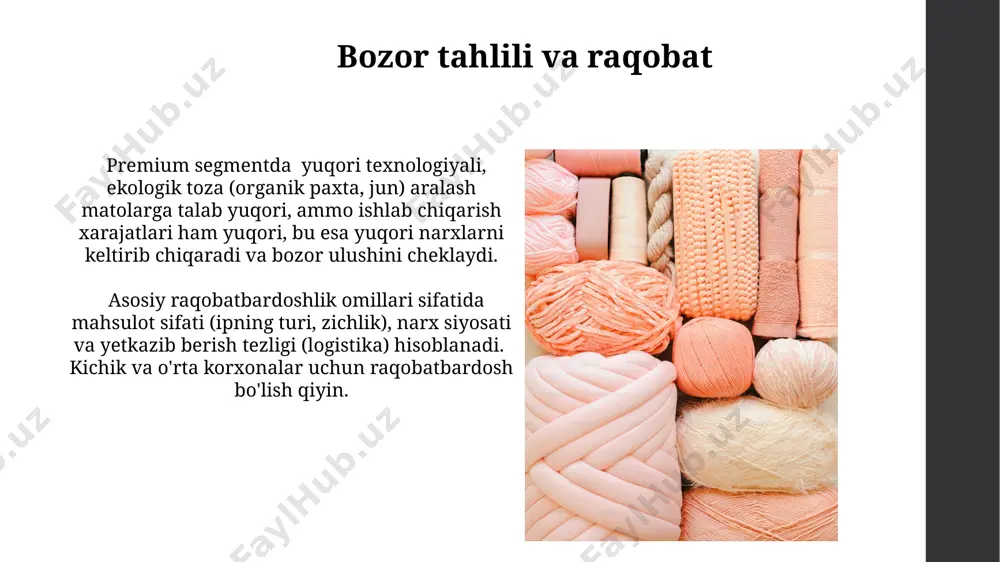 atolar, o'zining mustahkamligi va aşınma chidamliligi tufayli, 500 dan ortiq yuvish sikllariga bardosh bera oladi, shuning uchun choyshab to'plamlari va uy bezi kabi mahsulotlar uchun juda mos keladi. aralash to'qima matolar, 20-30% elastan qo'shilishi tufayli, elastikligi yuqori bo'lgan kiyim-kechak, masalan, sport kiyimlari va yoga kiyimlari ishlab chiqarishda keng qo'llaniladi. e'tiboringiz uchun rahmat @taqdimot_robot image1.jpg image2.jpg image3.jpg image4.jpg image5.jpg image6.jpg image7.jpg image8.jpg image9.jpg image10.jpg image11.jpg image12.jpg image13.jpg image14.jpg image15.jpg