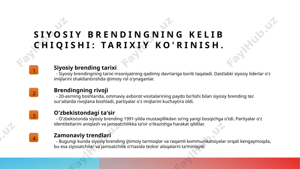 artiyaviy brendingda innovatsiyalar, raqamli marketing va ijtimoiy tarmoqlardan foydalanish orqali jamoatchilik bilan samarali aloqalar o'rnatishni kuchaytirmoqda. 2 jamoatchilik ishtiroki - jamoatchilikning brend jarayonidagi ishtiroki, partiya imijini shakllantirishda va ovoz beruvchilar bilan bog'lanishda muhim ahamiyatga ega. 3 mahalliy identitet - partiyaviy brending mahalliy identitetni rivojlantirish orqali o'ziga xoslikni ta'minlaydi, bu esa xalq bilan yanada yaqin munosabatlar o'rnatishga yordam beradi. 4 raqobat va strategiya - raqobatning kuchayishi partiyalarning brend strategiyalarini yanada chuqurlashtirishga va innovatsion yondoshuvlar ishlab chiqishga undamoqda, samaradorlikni oshiradi. siyosiy brendingda kommunikatsiya rolini o'rganish: ovoz beruvchilar bilan aloqalar. 1 siyosiy kommunikatsiya - siyosiy brendingda kommunikatsiya ovoz beruvchilar bilan o'zaro aloqani mustahkamlashda muhim rol o'ynaydi, ularning fikrlarini shakllantiradi va tushunishni osonlashtiradi. 2 ovoz beruvchilarni tushunish - ovoz beruvchilarning ehtiyojlari va talablarini aniqlash siyosiy brending strategiyasini ishlab chiqishda asosiy omil hisoblanadi, bu esa muvaffaqiyatga olib keladi. 3 effektiv aloqalar - effektiv aloqalar yaratish orqali siyosiy brendlar ovoz beruvchilar bilan ishonchli munosabatlarni o'rnatadi, bu …