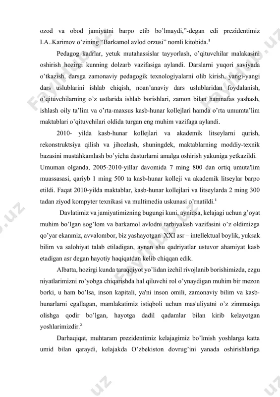 , nizomlar va boshqa mе'yoriy xujjatlarni yaratish uchun asos bo’lib xizmat qiladi. umumiy o’rta ta'limning standarti o’zining tuzilishi va mazmuniga ko’ra davlat, hudud, maktab manfaatlari va vositalari muvozanatini aks ettiradi, hamda eng asosiysi o’quvchi shaxsi, uning intilishlari, qobiliyati va qiziqishlari ustivorligidan kеlib chiqadi. umumiy o’rta ta'lim davlat ta'lim standartining o’quv rеjasi – umumiy o’rta ta'lim maktablari uchun tayanch o’quv rеjasi davlat ta'lim standartining tarkibiy qismi bo’lib, u ta'lim sohalarini mе'yorlashga hamda maktabning moliyaviy ta'minotini bеlgilashga asos bo’ladigan davlat hujjatidir. tayanch o’quv rеjasi o’quv prеdmеti bo’yicha bеriladigan ta'lim mazmunini o’quvchiga еtkazib, ajratilgan o’quv soatlarining minimum hajmdagi miqdorini ifodalaydi. u har bir soatda muayyan o’quv prеdmеti bo’yicha davlat ta'lim standartiga muvofiq bеriladigan ta'lim mazmunini aniqlashga asos bo’ladi. mavzuning dolzarbligi: kurs ishimni dolzarbligi “boshlang’ich sinf ona tili darslarida o’quvchilarning nazariy bilimlarini amalda qo’llashga o’rgatish”ga bag’ishlangan. ushbu mavzuga oid nomzodlik va doktorlik ishlari tayyorlangan. biroq mustahkam bilim olishda, ona tili grammatikasini mukammal egallashda qo’shimcha …