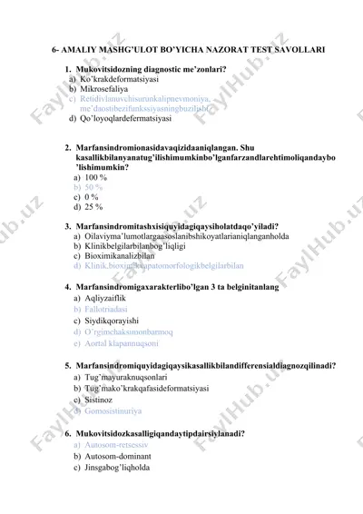mukovitsidoz va marfansindromi bo'yicha test savollari — DOCX