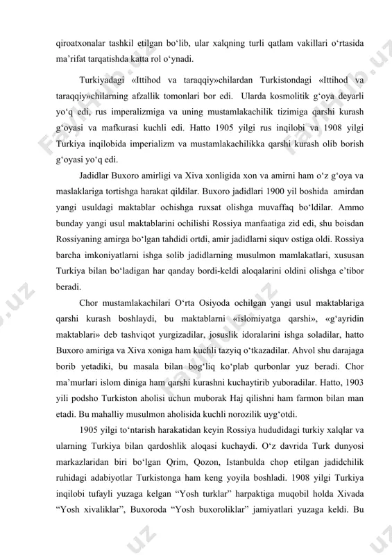 sida kuchli norozilik uyg‘otdi. 1905 yilgi to‘ntarish harakatidan keyin rossiya hududidagi turkiy xalqlar va ularning turkiya bilan qardoshlik aloqasi kuchaydi. o‘z davrida turk dunyosi markazlaridan biri bo‘lgan qrim, qozon, istanbulda chop etilgan jadidchilik ruhidagi adabiyotlar turkistonga ham keng yoyila boshladi. 1908 yilgi turkiya inqilobi tufayli yuzaga kelgan “yosh turklar” harpaktiga muqobil holda xivada “yosh xivaliklar”, buxoroda “yosh buxoroliklar” jamiyatlari yuzaga keldi. bu jamiyatlar oxir-oqibatda siyosiy partiyalar maqomini oldi. jadidchilik haraktining bunday siyosiy tashkilotlari qisqa vaqt ichida toshkent, samarqand, buxoro, xiva, qo‘qon, andijon kabi yirik shaharlarda kuchli tashkilotlarga aylandi. turkiston xalqida jadidlarga bo‘lgan hayrixohlik, ishonch tobora ortib bordi. shuni alohida qayd etish lozimki, xx asr boshlaridayoq milliy ozodlik bayrog‘ini baland ko‘tarib, milliy birlik kuchlarini birligini ta’minlash borasida salmoqli faoliyat ko‘rsata boshlagan turkiston jadidlari jahon jamoatchiligi e’tiborini o‘ziga jalb qildi. 1906 yilning bahorida fransiya respublikasi bosh shtabi ikkinchi byurosi (harbiy razvedka) topshirig‘i bilan mayor lyakost ikki yil davomida turkistondagi ijtimoiy siyosiy vaziyat …