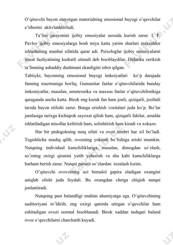 yrim jumlalar orasida va har bir muhim fikr yoki tarifdan keyin bir oz tuxtab-tuxtab oladilar. bu hol ukvuvchilar e’tiborini oshiradi va bayon etilayotgan materialni tushinib olishi uchun vaqt beradi. nutq texnikasi o’qituvchining kundalik ishi natijasidir; uni doimo takomillashtirib borish uchun quyidagilar tavsiya etiladi: -boshqalarning qanday gapirayotganini kuzatib borish, ishdagi urtoklari, shuningdek, majlis, ma’ruza, konfirensiyada gapirganlar nutqining afzalliklari va kamchiliklarini tahlil qilish lozim; -hamma vaqt o’z nutqini mashq qildirishga intilish kerak; nutqni yuqori madaniyatli va texnikali qilishning eng yaxshi usuli majlis, kengash, seminar, pedogogik o’qishlarda keng auditoriya oldida nutq so’zlashdir. yangi bilimlarni suhbat metodida bayon etish. suhbat – o’quv jarayonini tashkil etishning savol-javobli metodi. umumtexnika va maxsus fanlar o’qituvchilari suhbatning ikkita asosiy turidan: asosiy maqsadi o’quvchilarga yangi bilimlarni bayon etishdan iborat bo’lgan suhbat hamda o’quvchilarning bilimlari mustahkamlanadigan, takrorlanadigan, tekshirib kuriladigan va baholanadigan suhbatdan foydalanadilar. suhbatning har bir turi uchun o’z metodikasi xosdir. agar suhbatdan ko’zlanadigan maqsad yangi bilimlarni bildirishdan iborat bo’lsa, …