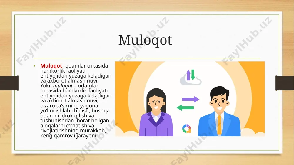 ko`rishga harakat qiladilar. ya’ni, o`zidagi bilimlar, tasavvurlar, hislatlar orqali boshqa birovni tushunishga harakat qilish, o`zini birov bilan solishtirish (ongli yoki ongsiz) identifikatsiyadir. masalan, birinchi marta uchrashuvga ketayotgan yigitning ichki holatini uning o`rtog`i yoki akasi tushunishi mumkin. steriotipizatsiya stereotipizatsiya odamlar ongida muloqotlar mobaynida shakllanib o`rnashib qolgan ko`nikib qolingan obrazlardan shablon sifatida foydalanish hollaridir. ijtimoiy stereotiplar har bir shaxsda u yoki bu guruhli kishilar haqida shakllangan obrazlardir. a.a. bodalev va uning shogirdlari bunday stereotiplar ba’zan muloqotni to`g`ri yo`nalganligini ta’minlasa, boshqa hollarda esa undagi xatoliklarning sababi bo`lishi mumkinligini kuzatishgan. idrok va tushunish borasidagi bunday xatoliklar kauzal atributsiya (lotinchasiga “kauza" — sabab, “atrebutsio" — bermoq, qo`shib bermoq ma’nosini bildiradi) deb ataladi. masalan, o`qituvchi bilan hamsuhbat bo`lib qolgan odamda suhbat boshidayoq “hozir odob-ahloqdan dars berishni boshlamasmikan" degan shubha paydo bo`lishi mumkin. bu ham stereotipga misol bo`la oladi. e’tiboringiz uchun rahmat !!! image5.png image6.png image7.jpeg image8.jpeg image9.jpeg image10.jpeg image3.png image4.png /docprops/thumbnail.jpeg