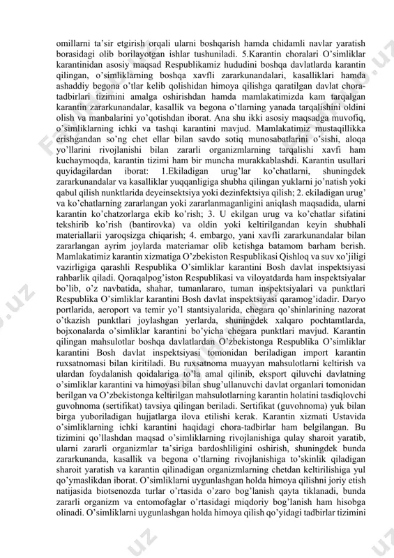 keltirib iqlimga moslashtirish; -parazit va entomofaglarni laboratoriya sharoitida ko’paytirib zararkunanda tushgan dalalarga qo’yib yuborish; -zararkunanda hashoratlarda chuqur kasallik jarayonini chaqiruvchi mikroorganizmlardan foydalanish. hozirgi paytda bu usul bilan o’zbekistonda bir qancha zararkunandalarga qarshi kurash chorasi olib boriladi. masalan, tut daraxtiga katta zarar yetkazadigan komstok qurtiga qarshi 1947 yil olib kelingan psevdofikus malinus paraziti, olma daraxtiga zarar yetkazuvchi qon bitiga qarshi subtropik rayonlardan keltirilgan afilyunis mali paraziti yaxshi natija beryapti. keyingi usul bu entomofaglarni laboratoriya sharoitida sun’iy ravishda ko’paytirib qishloq xo’jaligi ekinlari zararkunandalariga qarshi kurashdir. hozirgi vaqtda respublikamizda 700 dan ortiq biolaboratoriyalar tashkil etilib, ularda g’o’za va boshqa qishloq xo’jalik ekinlariga zarar yetkazuvchi kuzgi tunlam va ko’sak qurtiga qarshi parazit xashoratlardan trixogramma va brakon so’ruvchi va kemiruvchi zararkunandalarga qarshi qo’llaniladigan yirtqich hashorat oltinko’z ko’paytirilyapti. entomoakarifaglarni qo’llash norma va sxemalariga rioya qilish lozim. har bir entomofag yoki akarifaglarni qo’llashda albatta zararkunanda va foydali hasharotlar o’rtasidagi foydali nisbatlar inobatga olinadi. o’zbekiston sharoitida hozirgi vaqtda …