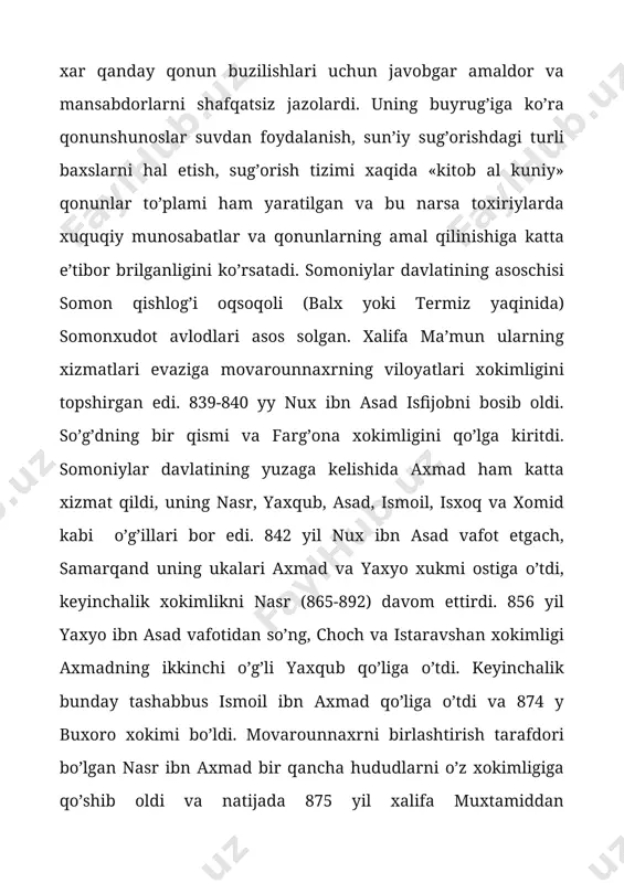 moniylar davrida yirik yer egalar-dexqonlarning mavqei ortdi va ular xatto viloyatlar xokimlari darajasigacha ham ko’tarila boshladi. ziroatchi kadevarlar, ijarachi barzikorlar, qullar qishloq xo’jaligi bilan mashg’ul bo’lsa, xunarmandlar va savdogarlar ham ijtimoiy xayotda faol ishtirok etardi. somoniylarda yer egaligi quydagicha shaklda edi: mulki sultoniy, xususiy mulk, vaqf mulklari, jamoa mulki. somoniylar davrida yerlar qaytadan taqsimlandi va oqibatda yangi yer egaligi shakli paydo bo’ldi. yer egalarining bu yangi gurux asosan sipoxiylardan chiqqanlar edi. voxadagi yerlarning asosiy qismi zarafshondan bosh olgan kanallar orqali sug’orilgan. (shohrud, karmina, shopurkom, xarkanrud, gav, xitraf, samjon) qorakuldaryo), paykand, daymun, arvon, navkand, romiton, varaxsha, xama, xaramkom va boshqalar). birin-ketin o’rta osiyoda tohiriylar, safforiylar, somoniylar davlatlari tashkil topdi. mamlakatda sodir bo’lgan bunday siyosiy o’zgarishlardai so’ng, movarounnahr xurosondan ajralib o’z mustaqqilligini to’la tiklab olish imkoniga ega bo’ldi. movarounnahrni birlashtirib mustahkam davlat tuzgan davlat arbobi ismoil somoniy, 900 yilda xurosonni ham safforiylardai tortib olib ulkan davlat barpo etdi. xalifa somoniylar davlatini tan …