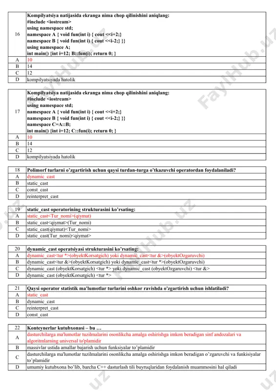 ydi (indeks tekshiruvi bajarilmaydi) a [] b at c front d back 33 qaysi funksiya array konteynerida ko'rsatilgan elementga kirishni ta'minlaydi (indeks tekshiruvi bajarilmaydi) a [] b at c front d back 34 qaysi funksiya vector konteynerida ko'rsatilgan elementga kirishni ta'minlaydi (indeks tekshiruvi bajarilmaydi) a [] b at c front d back 35 qaysi funksiya vector konteynerida birinchi elementga kirishni ta'minlaydi a front b [] c at d back 36 qaysi funksiya array konteynerida birinchi elementga kirishni ta'minlaydi a front b [] c at d back 37 qaysi funksiya royxatning (list konteynerida) birinchi elementiga kirishni ta'minlaydi a front b [] c at d back 38 qaysi funksiya bir tomonlama bog'langan royxatning (forward_list konteynerida) birinchi elementiga kirishni ta'minlaydi a front b [] c at d back 39 qaysi funksiya ikki tomonlama navbat (deque konteynerida) birinchi elementiga kirishni ta'minlaydi a front b [] c at d back 40 qaysi funksiya vector konteynerida …