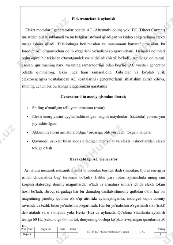 orqali bir elektron tomonidan oziqlantiriladi. bu sariq burg'ulash rotoridan (armatura) oqib chiqadigan oqma uni elektromagnitga aylantiradi. statordagi doimiy magnitlar bu elektromagnit ta'sirni kuchaytirib, armaturani aylanishiga olib keladi. elektr orqali elektr oqimi uzilguncha vosita ishlaydi. texnoparkda yana shuningdek, transformatorlarning tuzilishini va elektr mashinalarini ham o’rganib, bir qanchasini ochib ham ko’rdim. elektr mashina — mexanik energiyani elektr energiyasiga va elektr energiyasini mexanik energiyaga hamda elektr energiyasini boshqacha kuchlanish, tok kuchi, chastotaga ega boʻlgan va boshqalar parametrli elektr energiyasiga aylantiruvchi qurilma. ishi elektromagnit induksiya hodisasiga hamda elektr toklari va magnit maydonlarning oʻzaro taʼsirlashuvini belgilaydigan qonunlarga asoslanadi. mexanik energiyani elektr energiyasiga aylantirishda elektrmashina generatori, elektr energiyasini mexanik energiyaga aylantirishda esa elektr dvigatel qoʻllanadi. bu mashinalar ham generator, ham dvigatel rejimida ishlashi mumkin (yana qarang asinxron elektr mashina, kollektorli mashina). tok turini, chastotani, fazalar sonini, kuchlanishni oʻzgartirish uchun elektr mashina oʻzgartirgichlaridan, elektr mashina kuchaytirgichlaridan, elektr transformatori va boshqalardan foydalaniladi. maxsus qurilmalar, mas, magneto, payvandlash generatori, …