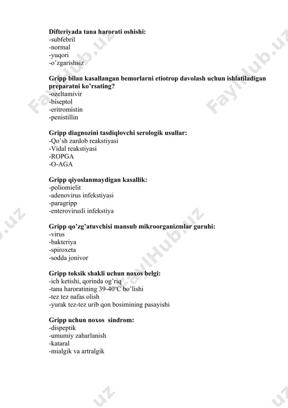 gik ich terlama qiyoslanadigan kasallik: -toshmali tif -botulizm -ich burug -vabo ich terlama qo’zg’atuvchisi tashuvchanlik tashxisini tasdiqlovchi laboraoriyaviy usul: -kaprokultura -gemokultura -serologik -urinokultura ich terlama rekonvalesstentlarini kasalxonadan chiqarish qoidalari: -tana harorati normalashganining 21 kuni, bakteriologik tahlildan so’ng klinik tuzalishdan so’ng -tana harorati tushganidan 2 kuni, bakteriologik tahlildan so’ng -tana harorati normalashganining 21 kuni, serologik tahlildan so’ng -klinik tuzalishdan so’ng ich terlama tashxisiga tasdiqlovchi laboratoriyaviy usul: -gemokultura -kaprokultura -biokimeviy -instrumental ich terlama tuzalishini ta’minlovchi omillar: -xususiy antitelolar hosil bo’lishi -ichakdagi yallig’lanish holati -allergik o’zgarishlar -bakteriemiya va toksinemiya ich terlama uchun natijali davo vositasi: -ampistillin, levomistetin, biseptol -ampistillin, terastiklin -levomistetin, gentamistin, furazolidon -rovamistin, stiprofloksastin jigar exinokokkozi bosqichlari jumlasiga kirmaydi: -remissiya va qo’zg’alish davri -latent davri -klinik ko’rinishli davr -asoratlar rivojlanish davri \ jigar exinokokoziga noxos belgi: -siydik rangining qizarishi -tinkasi qurishi, boshi og’rishi -allergik toshmalar toshishi va qichishi -jigar kattalashashishi, qattiqlashuvi jigar exinokokoziga noxos belgi: -jigar xuruji -o’ng qobirg’a ostida og’irlik va …