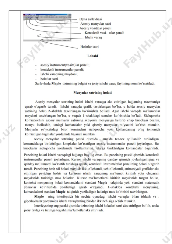 hegaralari o’zgaruvchi bo’lgan hol 55. maple tizimida karrali aniq integrallarni hisoblash 56. maple tizimida funksiya limitini hisoblash funksiyasi(limit) 57. maple tizimida funksiyani qotorga yoyish funksiyasi (series) 58. maple tizimida ifodani teylor va makloren qatoriga yoyish(taylor, mtaylor) 59. maple tizimida differensiallash va integrallash komandalarining passiv ko’rinishi 60. maple tizimida yuqori tartibli ifodalarni differensiallash . 61. maple tizimida integrallash komandasining passiv va aktiv holatlarini 62. maple tizimida chiziqli differensial tenglamaning umumiy yechimi (dsolve) 63. maple tizimida koshi masalasini yechish. 64. maple tizimida chegaraviy masalani yechish 65. maple tizimida differensial tenglamalar sistemasini yechish. 66. maple tizimida differensial tenglamalarni yechish. dsolve funksiyasi 67. mapleda ikkinchi tartibli differensial tenglamalarni yechish 68. mapleda differensial tenglamalar sistemasini yechish 69. maple tizimida chiziqli differensial tenglamalarni yopiq ko’rinishda yechish. 70. maple tizimida yuqori tartibli differensial tenglamalarni yopiq ko’rinishda yechish. 71. maple tizimida ikki o’lchamli grafikni yaratish komandasi va uning parametrlari (plot) 72. maple tizimida bir nechta grafikli obyektlarning bitta …
