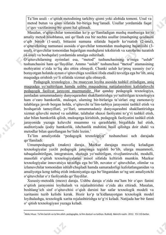 tish usullari yig‘indisi tushuniladi. didaktikada, shuningdek, ta’limusullari atamasi ham keng qo‘llanadi. ta’lim usuli - ta’lim metodining tarkibiy qismi yoki alohida tomoni. metodlar bilan usullar munosabati o‘zaro bir-biriga bog‘langan. usul va metod butun va qism sifatida bir-biriga bog‘lanadi. usullar yordamida faqat pedagogik yoki o‘quv vazifasining bir qismi hal qilinadi. xuddi shu metodik usullar turli metodlarda foydalanilgan bo‘lishi mumkin. va aksincha, xuddi shu metod turli o‘ qituvchilar tomonidan turli usullarda ochib berilishi mumkin. ta’lim usuli - o‘qitish metodining tarkibiy qismi yoki alohida tomoni. usul va metod butun va qism sifatida bir-biriga bog‘lanadi. usullar yordamida faqat o‘quv vazifasining bir qismi hal qilinadi. masalan, o‘qituvchilar tomonidan ko‘p qo‘llaniladigan mashq manbasiga ko‘ra amaliy metod hisoblansa, uni qo‘llash esa bir nechta usullar (mashqning qoidasini o‘qib berish (1-usul), bittasini namuna sifatida bajarib ko‘rsatish (2-usul), o‘qituvchining namunasi asosida o‘quvchilar tomonidan mashqning bajarilishi (3-usul), o‘quvchilar tomonidan bajarilgan mashqlarni tekshirish va xatolarini tuzatish (4-usul) va boshqalar) yordamida amalga oshiriladi. o‘qituvchilarning …