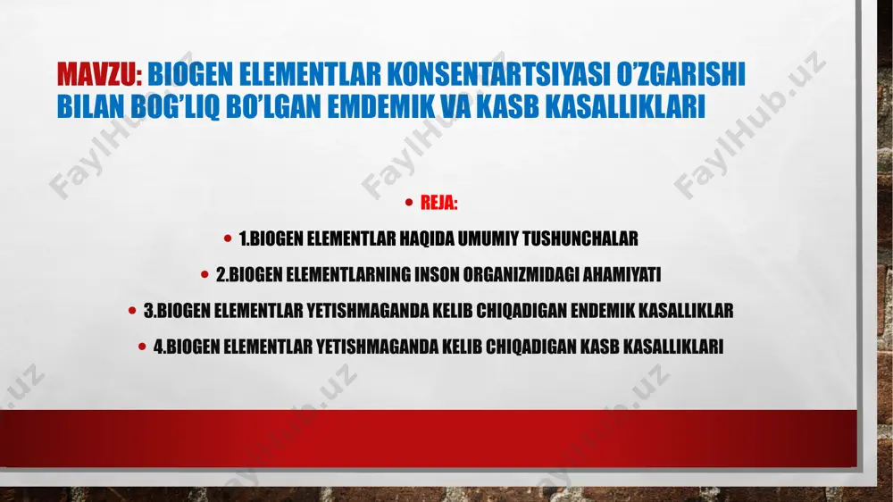 iklari organizm tarkibida turli biogen elemnetlar yetishmaganiligi uchun kelib chiqadi.masalan ftor tish emaili tarkibiga kiradi,kalsiy elementi tish dentini tarkibiga kiradi.agar ular yetishmasa karies,pulpit va yana shu kabi tish kasalliklari kelib chiqadi. kasb kasalliklari kasb kasalliklari biror zavodlar yoki konlarda ishlovchilarda kop uchraydi chunki bu muhitda atmosfera havosi tozalik darajasi past boladi.kasb kasalliklari og’ir belgilar bilan kecishi mumkin.masalan: aluminiy bn zaharlanish-----alyuminoz ko’mir bilan zaharlanish----antrakoz kumush bilan zaharlanish----argiriya berilliy bilan zaharlanish----berillioz kremniy bilan zaharlanish----silikoz antrakoz antrakoz –ko’mir bilan zaharlanish ko’mir konida ishlovchi ishchilarda juda kop kuzatiladi.bu kasallik kop yillik stajga ega bolganlarda koproq yaqqolroq kuzatiladi. 9 alyuminoz . alyuminoz simptomlari juda yaqqol ko’rinadi:boshlangi’ch bosqichlaridayoq nafas olish og’irlashadi,ko’krakda og’riq paydo bo’ladi,yo’tal kuchayadi.og’ir hollarda nafas olish yetishmovchiligi bo’ladi berillioz berullioz --- berillydan zaharlanish. kasallikda nafas yollari kasalliklari koplab kuzatiladi. e’tiboringiz uchun rahmat!!! image3.jpg image4.png image5.jpeg image6.jpeg image7.jpeg image8.jpeg image9.jpeg image10.png image11.jpeg image12.jpeg image13.png image14.jpg image15.jpg image16.jpg image17.png /docprops/thumbnail.jpeg