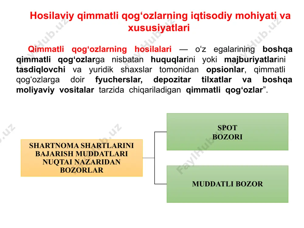 igan instrumentlarning shakli opsion shartnomalari ikki tomon oʻrtasidagi shartnoma boʻlib, u uning egasiga qimmatli qogʻozlarni yoki tovarlarni bitimda qayd etilgan narxda belgilangan muddatda xarid kilish huquqini beradi. opsionning oʻziga xos xususiyati shundaki, uning egasi qimmatli qogʻozning oʻzini emas balki uni sotib olish yoki sotish xuquqini opsion mukofoti evaziga sotib oladi. shuni taʼkidlash lozimki, opsion egasi vaziyatga qarab opsion yuzasidan sotib olish yoki sotish xuquqidan foydalanish yoki undan voz kechishi mumkin. svoplar bu ikki tomonning oldindan kelishilgan shartlariga muvofiq kelajakda maʼlum bir toʻlovlarni va yoki bazis aktivlarni (kelishilgan miqdorda) almashtirish boʻyicha bitimidir. hosilaviy qimmatli qogʻozlarning asosini tashkil etuvchi bazis aktivlarga koʻra guruhlanishi tovarlar boʻyicha valyutalar boʻyicha fond birjalar boʻyicha foizlar boʻyicha kreditlar boʻyicha nostandart bazis aktivlar boʻyicha (neft, neft mahsulotlari, elektr energiya, metallar, qishloq xoʻjaligi mahsulotlari – don, shakar va boshqalarga asoslangan hosilaviy qimmatli qogʻozlar); (valyutaviy qimmatliklarga asoslangan hosilaviy qimmatli qogʻozlar); (aksiya, obligatsiya, fond indekslari, volatillik indekslariga asoslangan hosilaviy qimmatli qogʻozlar); …