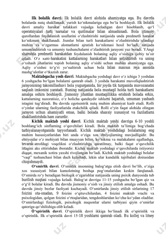 g‘liq bo‘lib, uning barcha ehtiyoj va talablari faqat shular tomonidan qondiriladi. go‘daklik davrida kattalar bilan faol aloqaga kirishish ehtiyoji tug‘iladi va bu aloqa nutq darvrigacha muloqotning o‘ziga xos yangi shakli sifatida bolaning o‘sishida muhim rol o‘ynaydi. bir yoshgacha davrda paydo bo‘lgan ehtiyojning tobora chuqurlashuvi bilan nutq davrigacha muloqot cheklanganligining nomutanosibligi bir yoshdagi inqirozni keltirib chiqaradi. go‘dak o‘sishining murakkabligi uning xilma-xil faoliyati o‘zaro bog‘langanidir. shuning uchun katta yoshdagi odamlar bu davrda go‘dakning ehtiyojlarini to‘la qondirishga harakat qilishlari kerak. shundagina ularning bola psixik dunyosiga muntazam va maqsadga muvofiq ta’sir etishi bola bosh miya katta yarimsharlarining po‘stlog‘ining faoliyatini takomillashtiradi. go‘daklik davrida idrok, xotira jarayonlari shakllanadi. ilk bolalik davri. ilk bolalik davri alohida ahamiyatga ega. bu davrda bolalarda nutq shakllanadi, yurish ko‘nikmalariga ega bo‘la boshlaydi. ilk bolalik davri amaliy harakat tafakkuri vujudga keladigan davr hisoblanib, qo‘l operatsiyalari turli narsalar va qurilmalar bilan almashinadi. bola ijtimoiy qurollardan foydalanish usullarini o‘zlashtirishi natijasida unda predmetli harakat ko‘nikmasi …