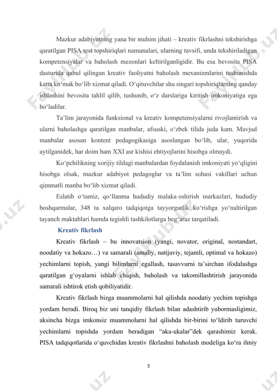 ‘ldirib turuvchi yechimlarni topishda yordam beradigan “aka-ukalar”dek qarashimiz kerak. pisa tadqiqotlarida o‘quvchidan kreativ fikrlashni baholash modeliga ko‘ra ilmiy muammolarni yoki ijtimoiy muammolarni hal qilish, o‘z g‘oyalarini yozma yoki vizual ifodalash talab etiladi. kreativ fikrlashni baholashda turli g‘oyalarni ishlab chiqish, kreativ g‘oyalarni ishlab chiqish hamda g‘oyalarni baholash va takomillashtirish kompetentligiga e’tibor qaratiladi. agar ibtidoiy odamlarning kreativ fikrlashi bo‘lmaganida edi, ikkita chaqmoqtoshni bir-biriga urib olovni, tomas edison elektr lampasini, leonardo da vinchi parashyutni ixtiro qilmagan bo‘lar edi. har bir o‘quvchida ta’lim olishga bo‘lgan istak bor. faqatgina biz shu istakni nuqtasini topishimiz kerak va biz bunga 3 “e” excite, educate, empower ya’ni ruhlantirish, ta’lim berish va rag‘batlantirish orqali erishamiz. quyida siz pisa xalqaro tadqiqotining kreativ fikrlash yo‘nalishiga oid topshiriq namunalari bilan tanishishingiz hamda tasavvuringizni boyitishingiz mumkin. bugun dunyoda yuz berayotgan to‘rtinchi sanoat tamaddunining dvigateli — harakatga keltiruvchi kuchi kreativlikdir. atrofga boqsangiz, har tomonda inson ijodkorligining beqiyos va hayratlanarli namunalariga duch kelasiz: elektron xizmatlar, …