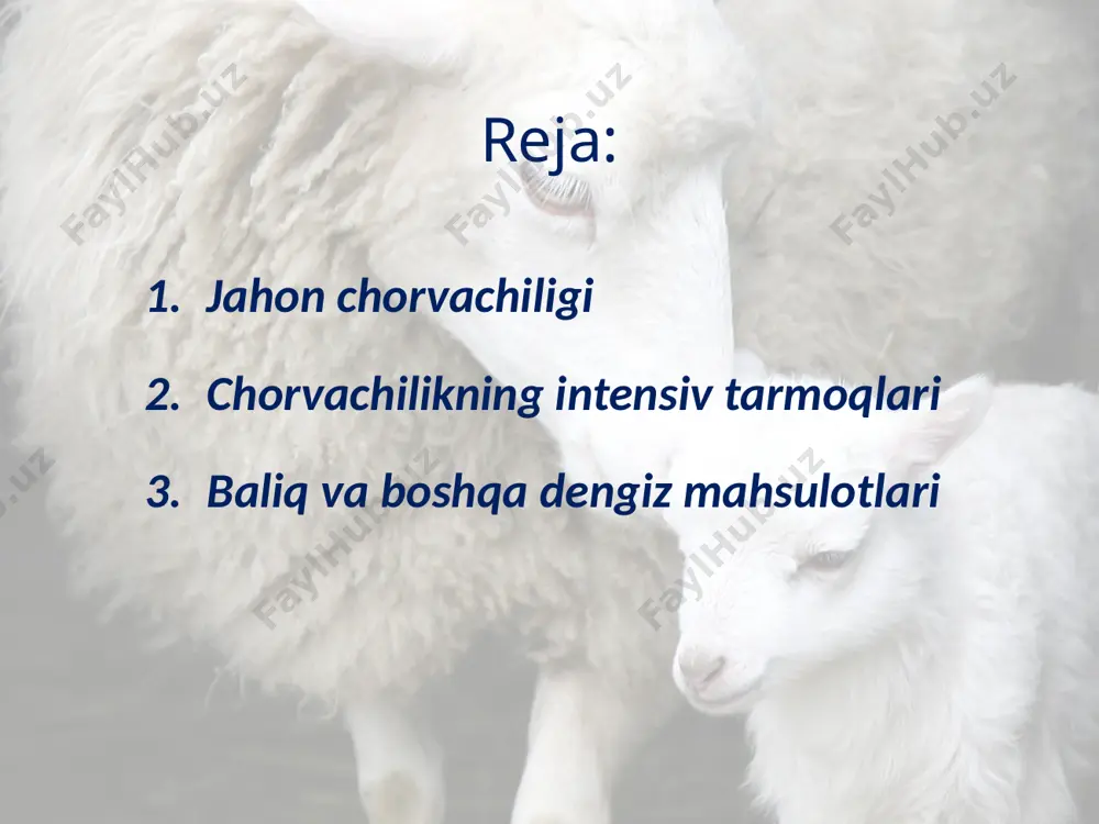 o‘lib, iqtisodiy rivojlangan mamlakatlarda keng taraqqiy etgan. shuningdek, chorvachilikning pillachilik (xitoy, yaponiya, o‘zbekiston, ispaniya, italiya va h.k.), tuyachilik (cho‘l va chalacho‘l mintaqasi davlatlari), bug‘uchilik (rossiya, kanada) kabi sohalari ham joyiga ko‘ra ahamiyatga ega. baliq va boshqa dengiz mahsulotlari inson salomatligi uchun zarur bo‘lgan oqsil va boshqa biologik faol birikmalarga boyligi bilan ahamiyatlidir. hozir jahonda oqsilga bo‘lgan ehtiyojning 25% ini baliqchilik bermoqda. baliq ovlash hajmi so‘nggi yillarda 110 mln. t ni tashkil qilmoqda. baliq ovlash bilan amalda suv havzalariga ega bo‘lgan jahonning deyarli barcha davlatlarida shug‘ullaniladi. jahonning jami 15 mln. aholisi hozirgi vaqtda baliqchilik bilan shug‘ullanadi. ovlanayotgan baliq mahsulotlarining 1/2 qismi yaponiya, xitoy, aqsh, chili, peru va rossiya davlatlari hissasiga to‘g‘ri keladi. image2.jpg image3.jpg image4.jpeg image5.jpeg image6.jpeg image7.jpeg image8.jpeg image9.jpeg image10.jpeg image11.jpeg image12.jpeg image13.jpeg image14.jpeg image15.jpeg image16.jpeg image17.jpeg image18.jpeg image19.jpeg image20.jpeg image21.jpeg image22.jpeg image23.jpeg image24.jpeg image25.jpeg image1.jpg