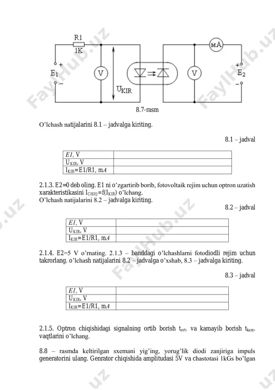 lchash uchun foydalaning). e2=5 v o’rnating va chiqish toki ostsilogrammasidan signalning ortib borish tort. va kamayib borish tkam. vaqtlarini o’lchang. e2=0 ni o’rnating va fotovoltaik rejim uchun vaqt o’lchovlarini takrorlang. 8.8-rasm 2.2. tranzistorli optron xarakteristikalarini tadqiq etish. 8.9 – rasmda keltirilgan sxemani yig’ing, e2=5 v o’rnating. 8.9-rasm (bu sxemada optron fotodiodi va tashqi tranzistor fototranzistorni imitatsiya qiladi). e1 ni o’zgartirib borib, ikir=e1/r1 va ichiq=ik deb olib, tranzistorli optron uzatish xarakteristikasi ichiq=f(ikir) ni o’lchang. o’lchash natijalarini 8.2, 8.3 jadvallarga o’xshash tarzda 8.4 – jadvalga kiriting. 8.4 – jadval е1, v ukir, v ikir=e1/r1, mа 3. tajribada olingan natijalarni ishlash. 3.1. optron kirish xarakteristikasini quring va ikir=10 ma qiymatiga mos keluvchi kirish kuchlanishi ukir qiymatini aniqlang. 3.2. diodli va fotovoltaik rejimlar uchun optron uzatish xarakteristikalarini quring va ikir=10 ma qiymatida tok bo’yicha uzatish koeffitsientini ki aniqlang. 3.3. diodli optronda signal tarqalishining o’rtacha kechikish vaqtini hisoblab toping.       …