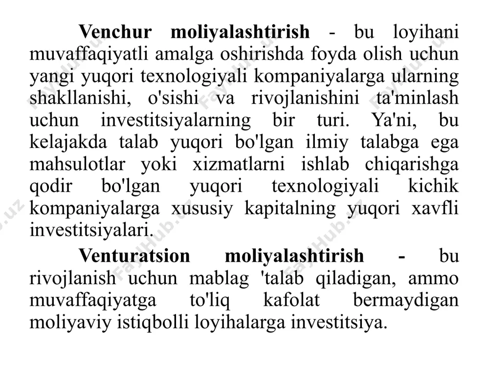 b chiqadi, shuning uchun xavfli investorlar ko'pincha mablag 'berish bilan cheklanib qolmay, balki korxona tomonidan yaratilgan turli xil konsalting, menejment va boshqa xizmatlarni taqdim etadilar. venture biznesining iqtisodiy amaliyotida sarmoyadorlar va xatarli tadbirkorlar o'rtasida shartnoma munosabatlarining beshta asosiy turi mavjud: har bir tomonning xavf omillariga nisbatan pozitsiyasini belgilaydigan risklarni taqsimlash to'g'risidagi bitim; innovatsion faoliyatdan olingan daromadni taqsimlash to'g'risida shartnoma; tadbirkorlar tomonidan oldindan belgilangan belgilangan miqdordagi mablag'ni investorga to'laganliklari sababli iipni sotib olish shartlarini belgilaydigan shartnoma; dak tadbirkorlari faoliyatini boshqarish va ishlab chiqarish natijalariga qo'yiladigan talablarni belgilaydigan shartnoma; korxonani shakllantirishning boshlang'ich va keyingi bosqichlarini aktsiyaviy moliyalashtirish shartlarini nazarda tutuvchi iipni kelajakda moliyalashtirish to'g'risida bitim. kichik biznesni yuqori texnologiyali sohalarda moliyalashtirish manbalari quyidagilardan iborat bo'lishi mumkin. korxonalarning o'z mablag'lari; turli kredit tashkilotlarining kreditlari; korporativ obligatsiyalar (rivojlanishning keyingi bosqichida); innovatsion firmalar va (yoki) mintaqaviy davlat organlari tomonidan shakllantiriladigan ilmiy-tadqiqot va loyihalashtirishni moliyalashtirish uchun byudjetdan tashqari maxsus fondlar mablag'lari; jismoniy shaxslarning mablag'lari; byudjet ssudalari, …