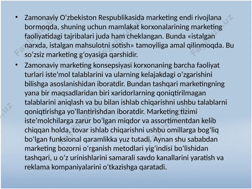 sifatini yaxshilash, narxi, ishlab chiqarishni mukammallashtirish, zamonaviy texnologiya bilan jihozlash hisobiga pasaytirish, shu tovar iste’molchiga zarur ekanligiga ishontirish, iste’molchining ehtiyoji va talabini o‘rganib, ularni qondirish ishlarini amalga oshirish kerak. har bir korxona, tashkilot yoki kompaniya o‘zining marketing faoliyatini samarali boshqarishi har bir korxona, tashkilot yoki kompaniya o‘zining marketing faoliyatini samarali boshqarishga qiziqadi. jumladan, u bozorning imkoniyatlarini tahlil qilishni, to‘g‘ri keladigan maqsadli bozorlarni tanlay olishni, marketingning samarali kompleksini ishlab chiqishni bilishi va marketingni hayotga tatbiq etish harakatlarini boshqara olishi kerak. bularning barchasi marketingni boshqarishning jarayonini tashkil etadi. bozor sharoitida rahbar va mutaxassislarning, nafaqat, fahmi, fikr-mulohazalari va oldingi tajribalarga suyanish, balki qaror qabul qilinganidan keyin yoki oldin adekvat ma’lumotlarni olish zarur. qabul qilinayotgan qarorlarning xususiyatiga ko‘pgina omillar ta’sir etadi. asosiysi miqdorda emas, balki ularning qiyin bashoratidadir. raqobatchilarning hulqi, masalan, ko‘p hollarda an’anaviy sxemalarning chegaralaridan chiqib ketadi. vaziyat, marketing faoliyatini boshqarish real vaqt masshtabida bo‘lishi bilan murakkablashadi. marketing maqsadlari faoliyatining har bir turi …