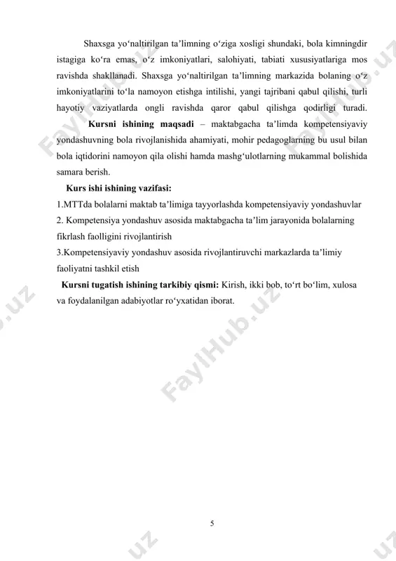 b boradilar. bugungi kunda maktabgacha taʼlim mazmunini takomillashtirishda oʻziga xos metodik, pedagogik, psixologik tayyorgarlik bilan ishlash davr taqozosiga aylandi. chunki maktabgacha taʼlim mazmunini takomillashtirish keng maʼnoli tushuncha boʻlib, uni samarali amalga oshirish maktabgacha taʼlim tashkiloti binosining holati, tarbiyachi-pedagoglar, tarbiyachi yordamchilari, ota-onalar hamda bolalarning taʼlim jarayonidagi ishtiroki innovatsion boʻlishi lozimligini talab etadi. “ilk va maktabgacha yoshdagi bolalar rivojlanishiga qoʻyiladigan davlat talablari” hamda “ilk qadam” davlat oʻquv dasturi asosida kompetensiyaviy yondashuv jarayonida pedagogik-psixologik, metodik, badiiy adabiyotlar soni va sifati, har bir yosh guruhiga mos va xos adabiyotlar bilan boyitib borish ham muhim masaladir. bolalarni oʻynab turib oʻylashga undovchi muammoli vaziyatlarni oʻyinlarda aks ettiruvchi taʼlimiy rivojlantiruvchi oʻyin markazlari tashkil etish va ular faoliyatini muvofiqlashtirishda ota-onalar va jamoatchilikning jalb qilinishi va boshqa shu kabi omillar maktabgacha taʼlim mazmunini oshiradi maktabgacha yoshdagi (6-7 yosh) bolaning umumiy muhim kompetensiyalari kommunikativ kompetensiya – muloqot vositalaridan turli vaziyatlarda foydalana bilish koʻnikmasi. oʻyin kompetensiyasi – bolaning oʻyin jarayoni va …