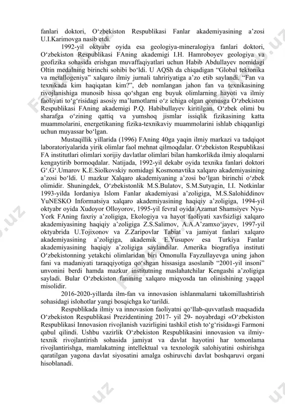yyorlanadi. faqat oliy va oʻrta maxsus ta’lim tizimidagi oʻquv yurtlarida 600 dan ortiq fan doktorlari va deyarli 6 mingga yaqin fan nomzodlari oʻqituvchilik va ilmiy faoliyat bilan shugʻullanadilar. oʻzbekiston mustaqillikka erishgandan soʻng mamlakatda ilm-fanga alohida e’tibor berildi. xalq xoʻjaligi va madaniy hayotning tobora ortib borayotgan talablaridan orqada qolayotgan ilmiy tadqiqot institutlari tugatildi. turmush taqozo etgan yangi institutlar ochildi. respublikamiz vazirlar mahkamasining 1995-yil 3-aprelidagi qarori bilan oʻzbekiston respublikasi faning yangi nizomi tasdiqlandi. oʻzbekiston respublikasi prezidentining 1992 yil 8 aprelidagi farmoni hamda uni amalga oshirish yuzasidan oʻzbekiston respublikasi vazirlar mahkamasining “fanlar rivojlanishini davlat tomonidan qoʻllab-quvvatlash tadbirlari va innovasiya faoliyati haqida”gi qarori mamlakatda fanni rivojlantirishda katta ahamiyatga ega boʻldi. respublika olimlarini xorijiy mamlakatlarga malaka oshirishga yuborishga alohida e’tibor berildi. ilmiy yechimlarni ichki va tashqi bozorda targʻib etish va tarqatish maqsadida respublika ilmiy ishlanmalari innovasiya tijorat markazi tashkil etildi. oʻzbekiston respublikasi prezidentining farmoniga binoan respublika vazirlar mahkamasi huzurida oliy attestatsiya komissiyasi tashkil etilishi munosabati …