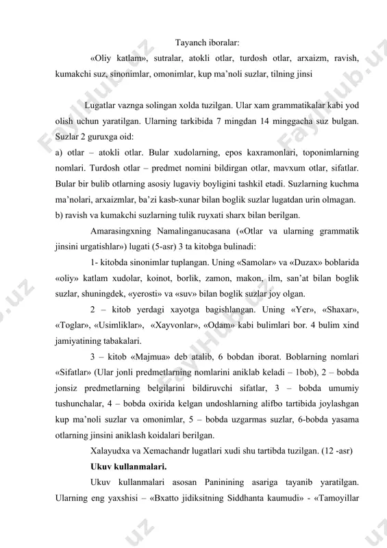aninining asariga tayanib yaratilgan. ularning eng yaxshisi – «bxatto jidiksitning siddhanta kaumudi» - «tamoyillar taralayotgan oy yogdusi» (17-asr) deb ataladi. vopadevaning grammatikasi xam shular sirasiga kiradi (14-asr). u paninining «sakkiz kitobi»dan kura soddarok yaratilgan. sanskritga doir asarlarga prakritlar xakidagi asarlar kiradi. chunki prakritlar usha davr olimlari tomonidan sanskritning uslubiy kurinishlaridan biri deb karalgan. prakritlar barcha til satxlarida sanskritcha etalondan chekinishlar majmui deb tavsiflanadi. prakritga doir grammatikalardagi sutralarida (avtor) vararuchi, xemchandrlar sanskritga fonema, suffikslar, kushimchalar, negizlar, uzaklar va kumakchi suzlarning sanskritdagi xuddi shu til birliklari bilan urin olishi ketma-ket yozilgan. tavsiflashdan yaxshi kurinadiki, prakrit bir til tizimi deb kursatilmagan. prakrit grammatikasi sanskrit grammatikasidagi 4000 tadan farkli ularok 400 ta sutrani uz ichiga olgan. prakrit glossariylari (decinamamala) tarkibiga fakat koidaga kura yasalgan suzlar kiritilgan. 6-7 asrlardan fonetika, sanskrit grammatikasining ayrim masalalariga doir ishlar, mumtoz adiblarning tildagi aloxida xususiyatlariga bagishlangan asarlar, arxaizm lugatlari yaratila boshlandi. pali tili sanskritga uxshash xolda tavsiflanadi, ammo kachchayana …