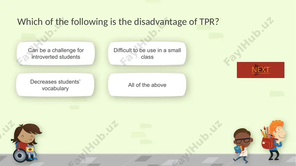 ing them students develop translation skills students learn easily, by translating exactly words, idiom, etc. next gtn which method is considered to be convenient and time-saving? tpr tbl audio-lingual next can be a challenge for introverted students 14 gtm which language teaching method builds vocabulary, gives clarity and reduces the chances of vagueness? communicative approach tbl pbl next grammar translation method students read the text and translate it into their mother tongue. what method is it? task-based approach total physical response audio-lingual method next gtm which teaching method focuses mainly on reading and writing? audio-lingual method pbl tpr next can be a challenge for introverted students 17 all of these what is/are drawbacks of gtm? loses correct effects of target language unnatural way no focus on speaking next gtm students read the lyrics of the song and translate them into their mother tongue. which method is it? pbl ttt tpr …