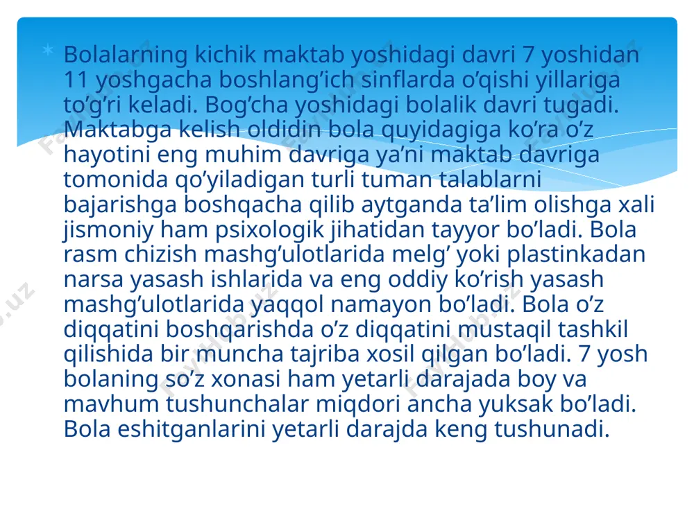 gacha yoshdagibolalarda sezgi, idrok, diqqat, xotira, tasavvur, tafakkur, nutq, xayol, hissiyot va bolalar turli narsalarni idrok qilishga bo’lgan ehtiyoji va ularda o’zgarishlar ko’zga yaqqol tashlanadi. o’yinlarning nuqtga ta’siri . didaktik o’yinlar bolalarning bilish jarayonlarini rivijlantiribgina qolmay maktabgacha yosh davri va kichik maktab yoshidagi bolalar nutq faoliyatiga ham katta ta’sir ko’rsatadi.ma’lumki bilish jarayonlari va nutq bir biriga uzviy bog’langan hisoblanadi. nutqi to'liqrivojlanmagan bolalar turmush mavzusiga oid o'yinlarni ko'proqyaxshi ko'radilar, chunki ular uncha keng tasavvurni talab etmaydiva har kuni 116 kuzatiladigan tanish sahnalardan iborat bo'ladi. biroqko'p holda ularning o'yinlari o'zining bir xilligi, mazmuni deyarli boyitilmasligi bilan xarakterlanadi o'ylab qo'yilgan fikr mustahkam bo'lmaydi va o'yin ayrim hollarda tugallanmay to'xtatib qo'yiladi. nutqiy nuqsonga ko'ra o'zaro muloqot imkoniyatlari cheklangan bo'ladi. xulosa qilib aytganda, nutqi to'liq rivojlanmagan bolalarda o'yin faoliyati me'yorda nutq rivojlanishiga egatengdoshlariga nisbatan ancha sust bo'ladi, o'yin yangi detallar bilan boyitilmaydi. nutqi to'liq rivojlanmagan bolalar uchun ijodiy topshiriqlarni bajarish qiyinchilik tug'diradi: masalan, pedagog hikoyasini …