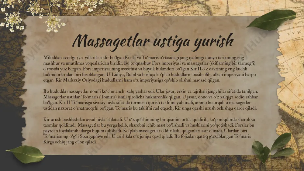 hududlarni imperiyaga qo‘shish va ulardan keladigan iqtisodiy, strategik foydalarni qo‘lga kiritish niyatida bo‘lgan. u ayniqsa, savdo yo‘llarini, jumladan ipak yo‘lini to‘liq nazorat qilishni istagan. bu yurishlar haqida asosiy tarixiy ma’lumot doro i ning o‘zi tomonidan behistun qoyasiga bitilgan yozuvlarda berilgan birinchi navbatda baqtriya, so‘g‘diyona va marg‘iyona hududlariga yurish qilingan. doro i bu hududlarni qattiq qarshiliklardan so‘ng imperiyaga qo‘shib oladi. keyinchalik bu yerlar satrapliklarga aylantiriladi — ya’ni har bir viloyatga maxsus noib, satrap tayinlanadi. satraplar markaziy hukumatga bo‘ysunadi va har yili belgilangan miqdorda soliq to‘lab borishadi. doro i ning yurishlari orasida eng e’tiborga moligi — saklarga qarshi yurishdir. saklar — hozirgi orolbo‘yi, qozog‘iston va sirdaryo havzasida yashagan ko‘chmanchi turkiy-iraniy xalqlardan biri bo‘lgan. ular chaqqon otliq lashkarlar, tez harakat qiluvchi jangchilari bilan tanilgan. doro i ularni zabt etish uchun katta harbiy kuch yuboradi. saklar og‘ir janglar olib borishgan bo‘lsa-da, oxir-oqibat mag‘lubiyatga uchraydilar. doro i ularni “sak tig‘iboronlar” deb ataydi va ular fors …