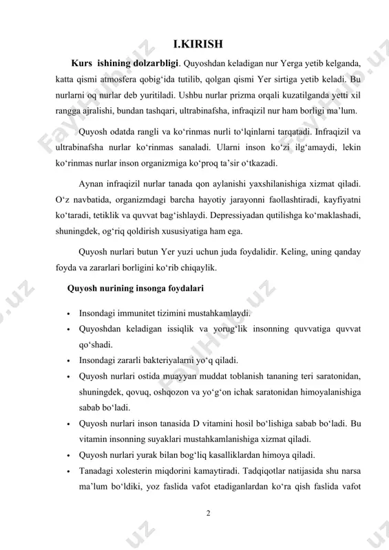 i xolesterin miqdorini kamaytiradi. tadqiqotlar natijasida shu narsa ma’lum bo‘ldiki, yoz faslida vafot etadiganlardan ko‘ra qish faslida vafot etadiganlar ko‘proqni tashkil etar ekan. bunga sabab qishda quyoshli kunlarning ozligidir. · siqilish, tushkunlikning yo‘qolishiga xizmat qiladi. · quyosh nurlari muayyan miqdorda ko‘z pardasiga yetib kelsa, tananing bo‘shanishiga sabab bo‘ladi. · nurlar teridagi ayrim kasalliklarga qarshi kurashadi. masalan, psoriaz, ekzema kasalliklariga. · quyosh nurlari insonni qandli diabet va qon bosimining oshishi kasalliklaridan himoya qiladi. · tanadagi qon aylanish ishining yaxshilanishiga sabab bo‘ladi. · bo‘g‘imdagi og‘riqlarning pasayishiga yordam beradi. · sochga ham ko‘p foydasi bor. soch to‘kilishining oldini oladi. buning uchun har kuni quyosh nurlari ostida o‘n daqiqa yurish kifoya. · alsgeymer kasalligining oldini oladi. · garvard universiteti mutaxassislarining so‘nggi izlanishlari quyosh kam chiqadigan o‘lkalar aholisi orasida astma kasalligi ko‘proq uchrashi va u og‘ir kechishini ko‘rsatdi. aslida quyoshning astma kasalligini davolash xususiyati o‘tgan asrdayoq aniqlangan. o‘shanda shifokorlar astma bilan og‘rigan bemorlarga quyoshli o‘lkalarga …