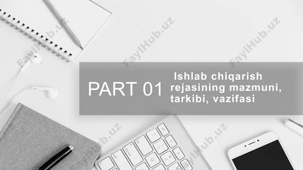 t o’lchovlari korxona, sex va uchastkalari ishlab chiqarish rejalarini tuzishda qo’llaniladi. ushbu ko’rsatkich ishlab chiqariladigan mahsulot soni borasida ma’lumot bermaganligi sababli asosiy ko’rsatkich bo’la olmaydi. qisqacha xulosalar mahsulot ishlab chiqarish va sotish rejasi korxona rejasining yoki biznes rejaning muhim bo’limi hisoblanadi, hamda material, mehnat va moliyaviy resurslarga bo’lgan ehtiyojni aniqlash, mehnat va ish haqi reja ko’rsatkichlarini hisoblash, moddiy-texnika ta’minoti, tannarx va moliyaviy ko’rsatkichlarni hisoblash, foyda va daromadni aniqlash uchun asos bo’lib xizmat qiladi.mahsulot ishlab chiqarish rejasini xar tomonlama texnik-iqtisodiy asoslash ishlab chiqarish quvvatlaridan, fan-texnika yutuqlaridan, korxona ishlab chiqarish maydonlaridan, mehnat resurslaridan foydalanish darajasiga bevosita ta’sir ko’rsatadi.ishlab chiqarish rejasining asosiy ko’rsatkichlari bo’lib, a tovar mahsuloti, sotilgan mahsulot, tugallanmagan ishlab chiqarish hajmi, jihozlar soni ko’rsatkichlari hisoblanadi.a-qiymat, natural ifodadagi mahsulot hajmi. thanks image1.png image2.jpeg image3.jpeg image4.jpeg image5.jpeg image6.jpeg image7.jpeg