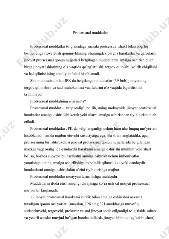 qilinganidan keyin uch sutkadan kechiktirilmay, hajmi katta bo`lgan taqdirda esa, o`n sutkadan kechiktirilmay, uning nusxasi mahkumga va oqlangan shaxsga berilishi lozim. boshqa taraflarga hukm nusxasi yoki uning ko`chirmasi shu muddatda, ularning iltimoslariga asosan beriladi); 3) muayyan muddatlarni belgilaydigan, lekin ma`lum harakatlar umumiy muddatlar davomida sodir etilishiga ruxsat beradigan qonun me`yorlari. masalan, jpkning 333-moddasida nazarda tutiladiki, 83-moddaning 1 va 2-bandlarida hamda 84-moddaning birinchi qismida nazarda tutilgan holatlar aniqlangan taqdirda jinoyat ishini qo`zg`atishni rad qilish to`g`risida surishtiruvchi, tergovchi yoki prokuror qaror, sud esa ajrim chiqaradi. bu haqda jinoyat sodir etilganligi to`g`risida xabar bergan fuqaro, korxona, muassasa, tashkilot, jamoat birlashmasi yoki mansabdor shaxs xabardor qilinadi. bunda ularga qaror yoki ajrim ustidan shikoyat qilish huquqlari va tartibi tushuntirilishi lozim. ammo qaysi muddatda shikoyat qilinishi mumkinligi haqida aytilmagan. ta`kidlaganimizdek, protsessual muddatlar jinoyat protsessual kafolatlar turlaridan biri hisoblanadi. shu boisdan barcha muddatlarni quyidagi guruhlar sifatida ham tasniflash mumkin: ​ jinoyatlarning dastlabki tergovi va sud muhokamasining tezligini …